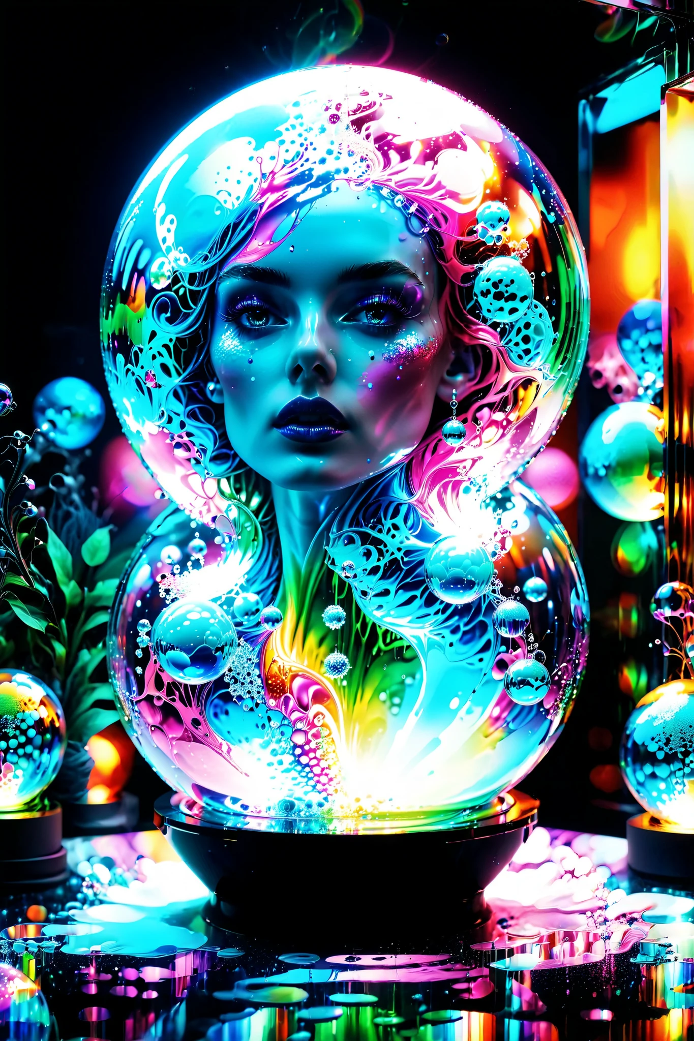 Electric lit up wires make up the body of this glass structure with perfectly formed 3d glass spheres and orbs that are filled with images of women who are incredibly attractive with hot pink neon glowing eyes that light up bright.Against a dark background with soap bubbles surrounding the glass Orbs and spheres whoch are glowing light and have a natural reflection, 4d mandelbulb psychedelic landscape,bright overexposed backlighting with depth of field,award winning masterpiece,pixel art,portrait photography,photorealistic,hyperdetailed,glass morphism,sparkle,optical illusion,rotational symmetry,best quality,8k,ultra-fine details. Within the black of the abyss, intense bright, colorful,symmetrical glass spheres with images glowing hot pink and neon green scenes of women. High fantasy, magical effects,portrait photography, cinematic photography, photorealistic UHD, intricate, complex, attention to detail, optical illusions, unique patterns and designs, avant garde, masterpiece. Light is emerging from colors in a psychedelic dream, shimmering glass morphing out of colors, tripped out vibrant colors, perfectly formed beautiful reflective bubbles, attention to detail on the bubbles and spheres, beautiful psychedelic digital art, pixel art, trippy colors, 4d mandelbulb psychedelics, glass like psychedelic landscape, intricate rainbow environment, psychedelic underwater brightness, neon colors, bright colors, psychedelic trip, fluorescent psychedelic aesthetic, psychedelic vibrant colors, bright psychedelic neon colors, paint splattered backgrounds,swirling spirals and vortex, bright vibrant colors popping out from 3d glass spheres, Pixel Assets, Portrait photography, surrealism, Photorealistic, Hyperdetailed, Glass Morphism, Digital Art, Sparkle, Optical Illusion, Glowing Light, Reflection Light, Overexposure, Backlighting, Depth Of Field, Rotational Symmetry, UHD, High Details, High Quality, Super Detailed, Best Quality, Award Winning, Masterpiece.