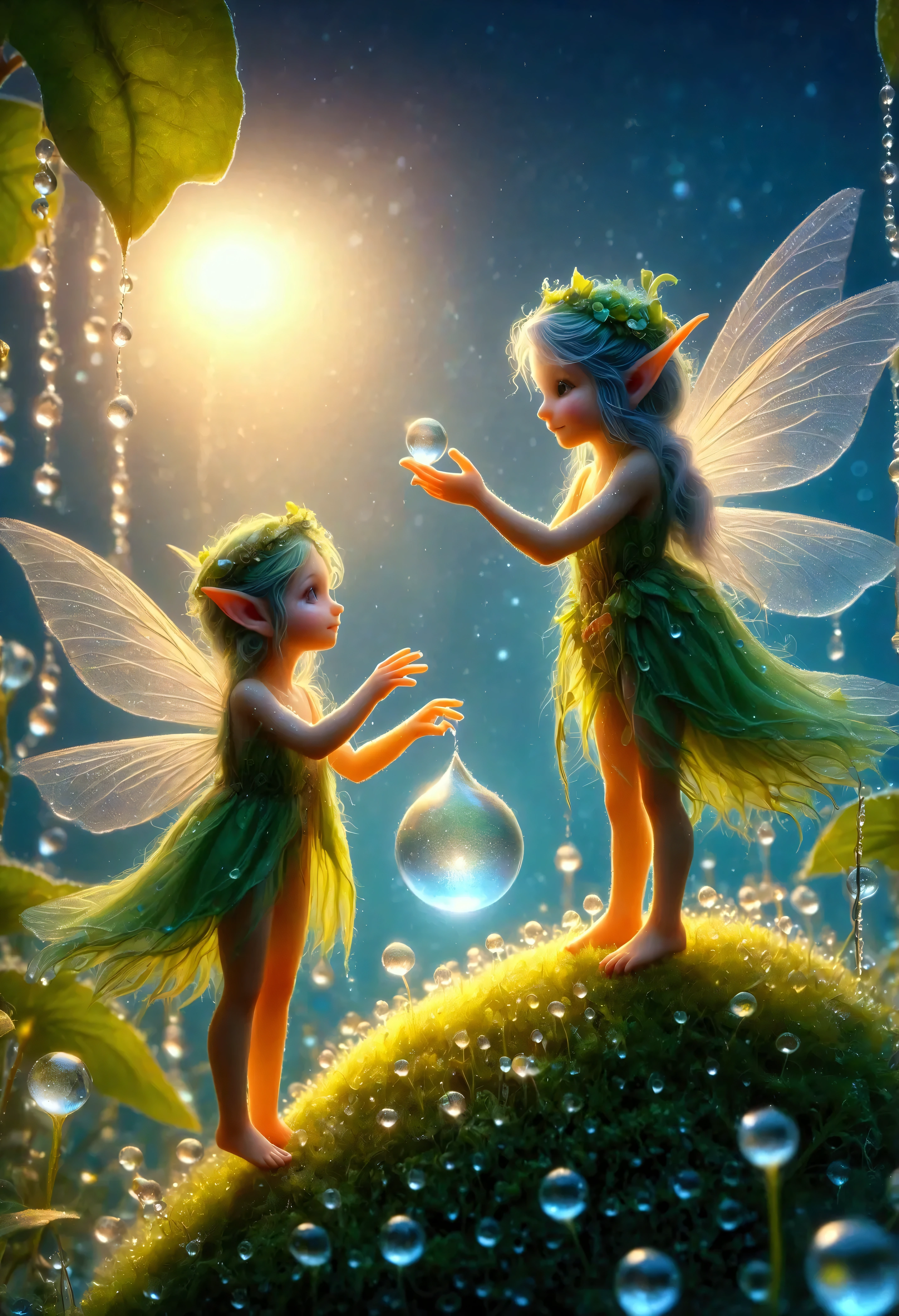multi-cultural Microfairy family, harvesting dewdrops and moonlight, macro photography, (masterpiece, high detail, best quality), sharp, magical fairies, fey, enchanted forest