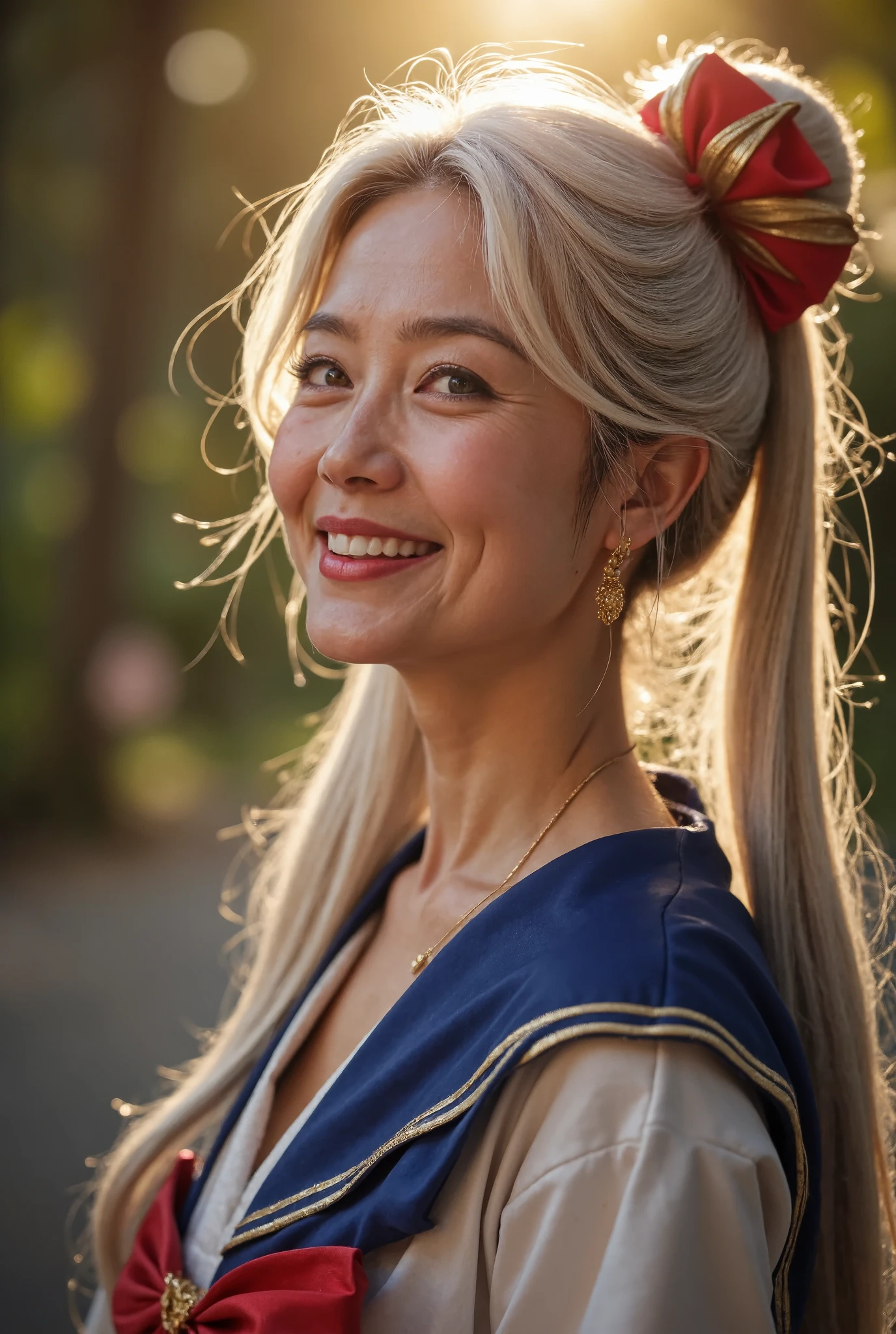 photorealistic、50 years old Japanese old woman、Pretty Woman Warrior Sailor Moon、 full body photo、 fine wrinkles, freckles, and moles on the skin 、 shy laugh 、 looking at the camera、The beautiful Royal Palace of the Moon illuminated by the dazzling sun