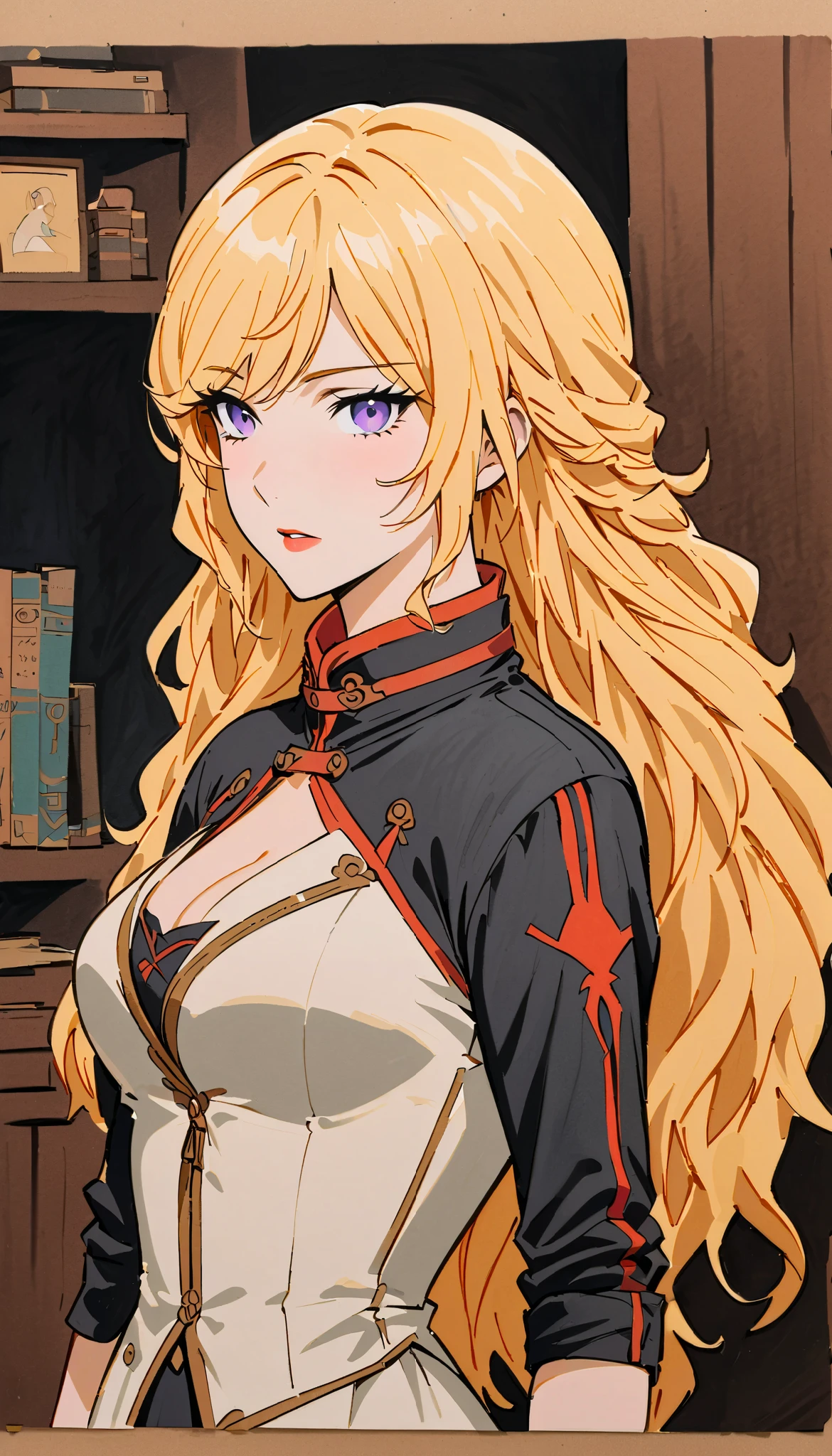 vintage movie, girl, wavy blonde hair, woman body, white dress, black boots, dark room, in a house, traditional media, purple eyes, holding a boxe.  yang xiao long from rwby