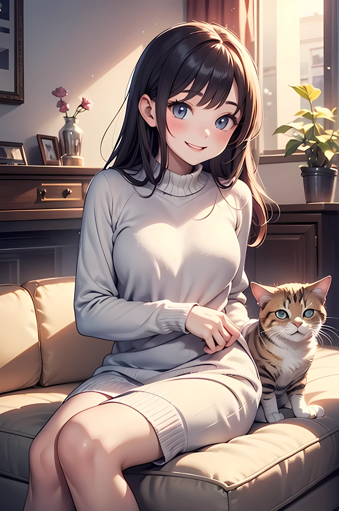 "A cheerful young woman sits in a cozy living room, radiating a pleasant and warm atmosphere, with a playful cat nestled comfortably in her lap."