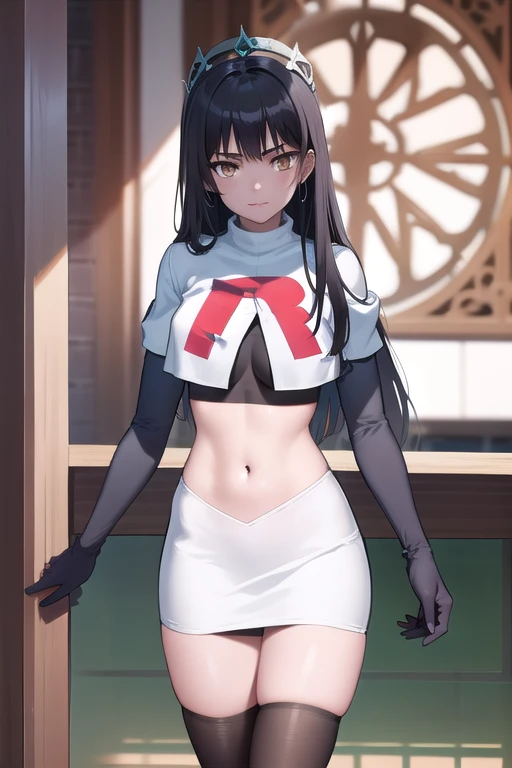 kurumitokisaki, tokisaki kurumi, black hair, low twintails, (hair over one eye:1.5), (red eyes:1.2), (small breast:1.2), BREAK blush, apron, maid headdress, team rocket,team rocket uniform, red letter R, white skirt,white crop top,black thigh-highs,black elbow gloves, BREAK looking at viewer, BREAK (masterpiece:1.2), best quality, high resolution, unity 8k wallpaper, (illustration:0.8), (beautiful detailed eyes:1.6), extremely detailed face, perfect lighting, extremely detailed CG, (perfect hands, perfect anatomy),