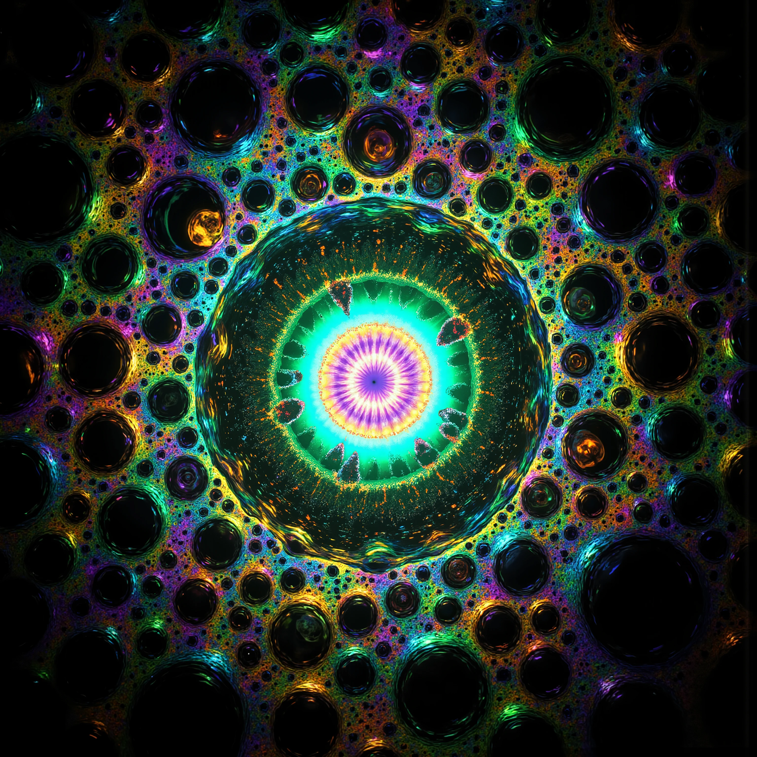 a psychedelic digital art,ultra-detailed vibrant fluorescent neon colors,intricate rainbow glass-like environment,shimmering glass bubbles morphing out of swirling colors,glowing light and reflection,4d mandelbulb psychedelic landscape,bright overexposed backlighting with depth of field,award winning masterpiece,pixel art,portrait photography,photorealistic,hyperdetailed,glass morphism,sparkle,optical illusion,rotational symmetry,best quality,8k,ultra-fine detailsWithin the black of the abyss, intense bright, colorful, perfectly symmetrical glass spheres containing the glowing light of acidzlime within the glass. Smaller glass orbs beneath that melt and drip vibrant colorful symetrical patterns that cover the ground and merge together in a quilt of intricate and complex designs. High fantasy, magical effects,Portrait photography, cinematic photography, photorealistic UHD, intricate, complex, attention to detail, optical illusions, unique patterns and designs, avant garde, masterpiece. Light is emerging from colors in a psychedelic dream, shimmering glass morphing out of colors, tripped out vibrant colors, perfectly formed beautiful reflective bubbles, attention to detail on the bubbles and spheres, beautiful psychedelic digital art, pixel art, trippy colors, 4d mandelbulb psychedelics, glass like psychedelic landscape, intricate rainbow environment, psychedelic underwater brightness, neon colors, bright colors, psychedelic trip, fluorescent psychedelic aesthetic, psychedelic vibrant colors, bright psychedelic neon colors, paint splattered backgrounds,swirling spirals and vortex, bright vibrant colors popping out from 3d glass spheres, Pixel Assets, Portrait photography, surrealism, Photorealistic, Hyperdetailed, Glass Morphism, Digital Art, Sparkle, Optical Illusion, Glowing Light, Reflection Light, Overexposure, Backlighting, Depth Of Field, Rotational Symmetry, UHD, High Details, High Quality, Super Detailed, Best Quality, Award Winning, Masterpiece.