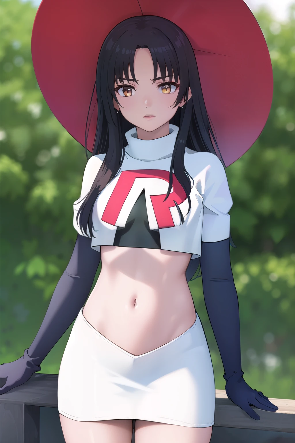 photorealistic, (4k), depth of field, (Masterpiece), (realistic skin texture), extremely detailed, intricate, hyper detailed, professional photography, bokeh, high resolution, sharp detail, best quality, girl, long hair, black hair, headdress, yellow eyes, team rocket,team rocket uniform,white skirt,red letter R,crop top,black thigh-highs,black elbow gloves