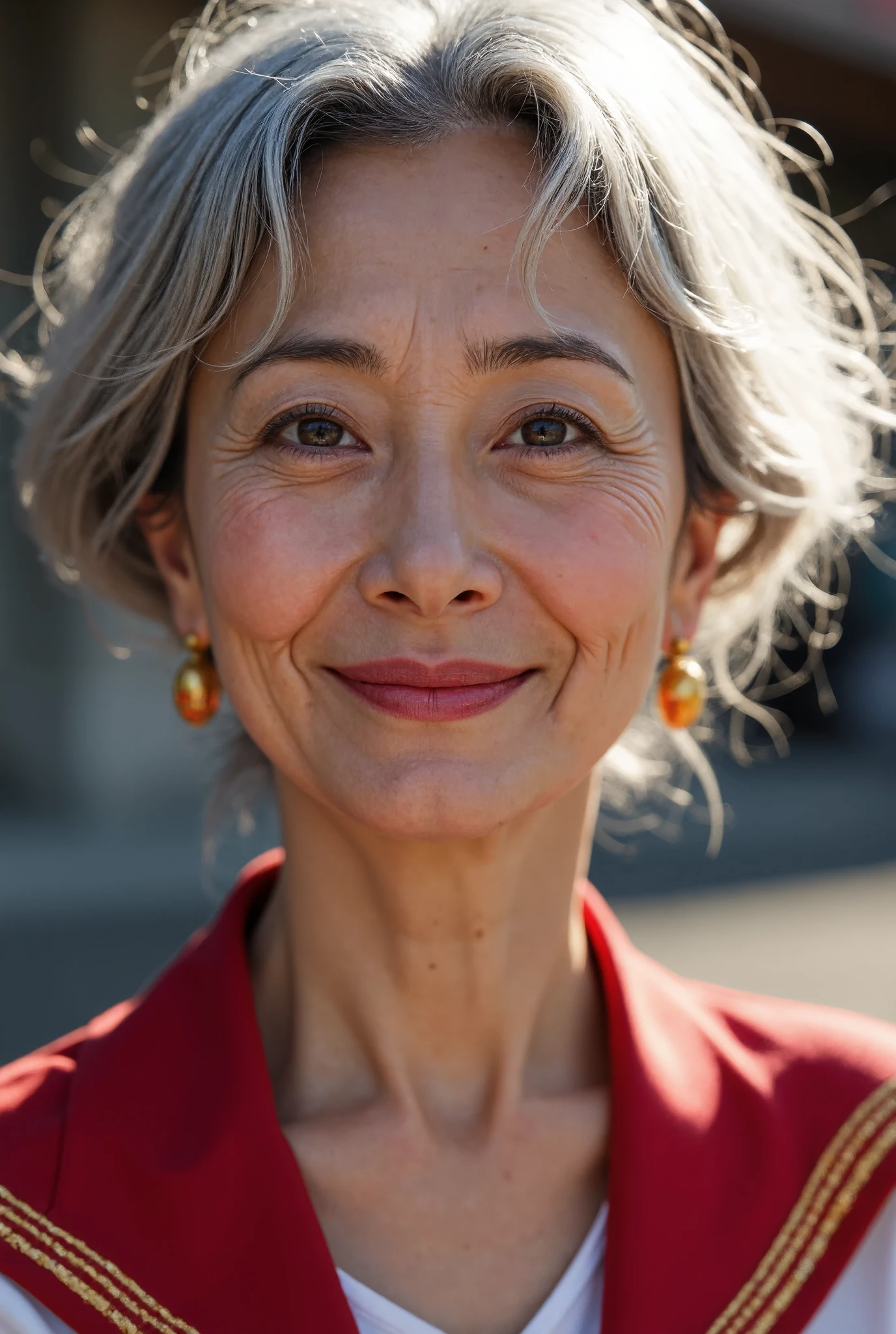 photorealistic、50 years old Japanese old woman、Pretty Woman Warrior Sailor Moon、 full body photo、 fine wrinkles, freckles, and moles on the skin 、 shy laugh 、 looking at the camera、The beautiful Royal Palace of the Moon illuminated by the dazzling sun、 month made in Japan!
