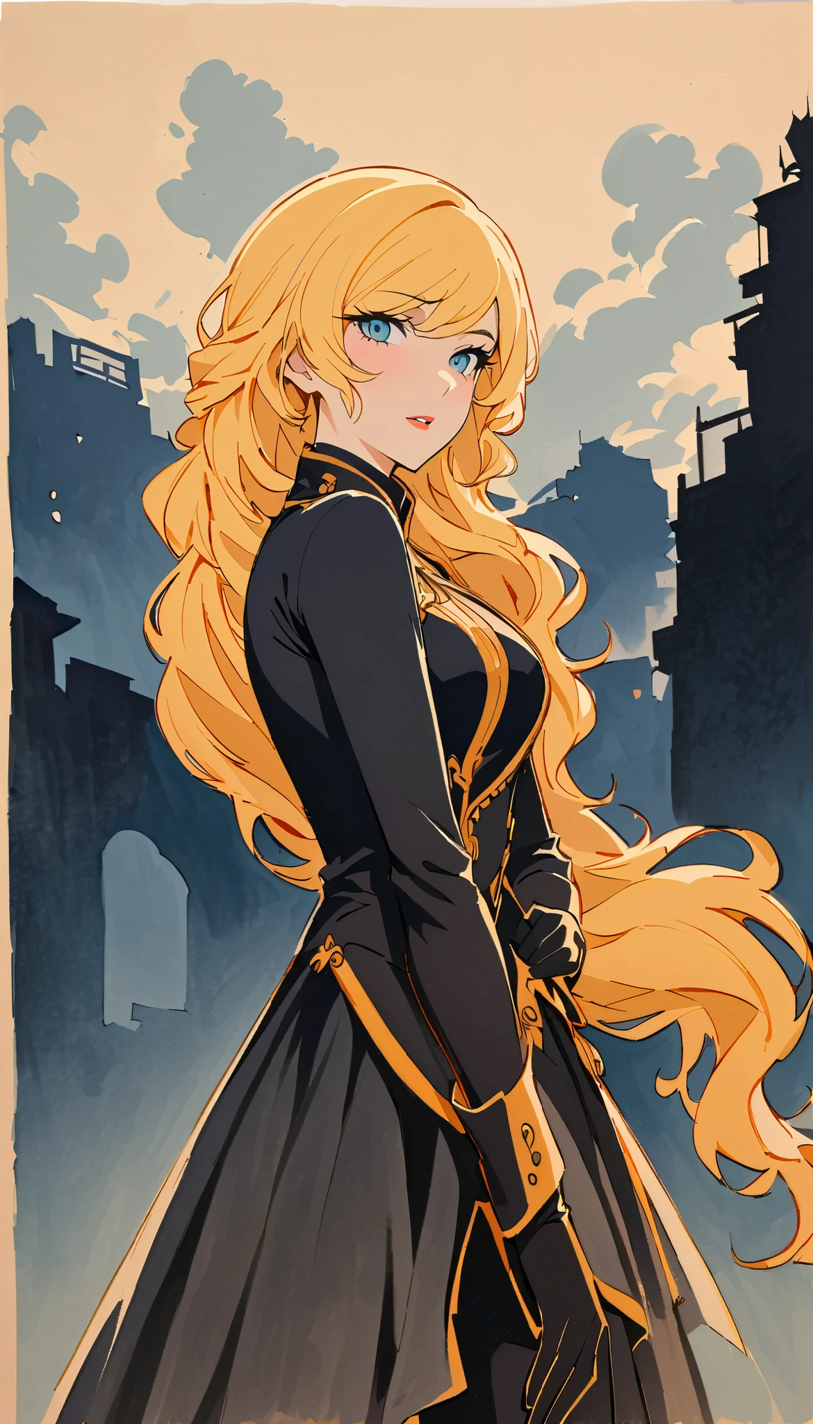 vintage movie, girl, wavy blonde hair, woman body, black top, black bodycon skirt, black boots, dark room, Silhouette of clouds, traditional media, confident. yang xiao long from rwby