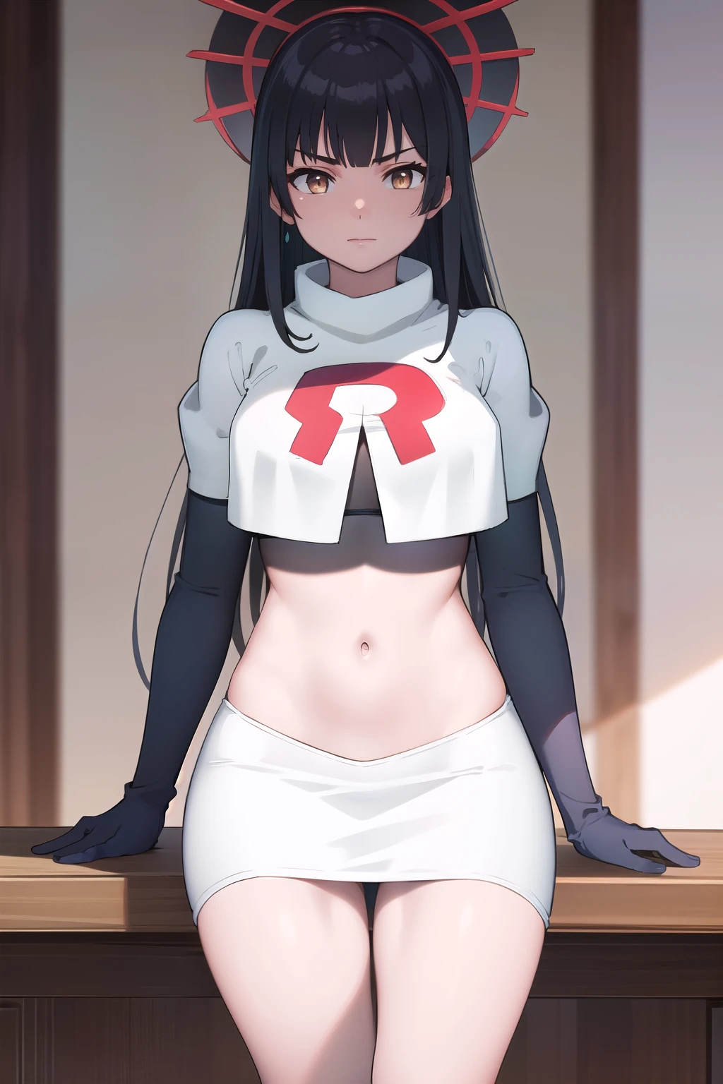 photorealistic, (4k), depth of field, (Masterpiece), (realistic skin texture), extremely detailed, intricate, hyper detailed, professional photography, bokeh, high resolution, sharp detail, best quality, girl, long hair, black hair, headdress, yellow eyes, team rocket,team rocket uniform,white skirt,red letter R,crop top,black thigh-highs,black elbow gloves