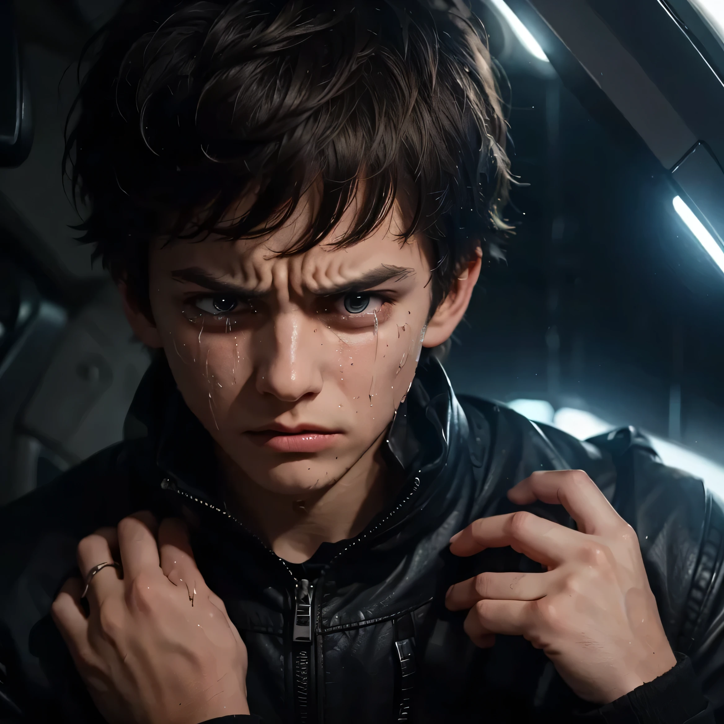 just give me the hunter's eye of a young man looking with resentment , with a cold look (crying and angry ) What is your pupil reflect Nuevayor and with blue reflections with red with brown eyes