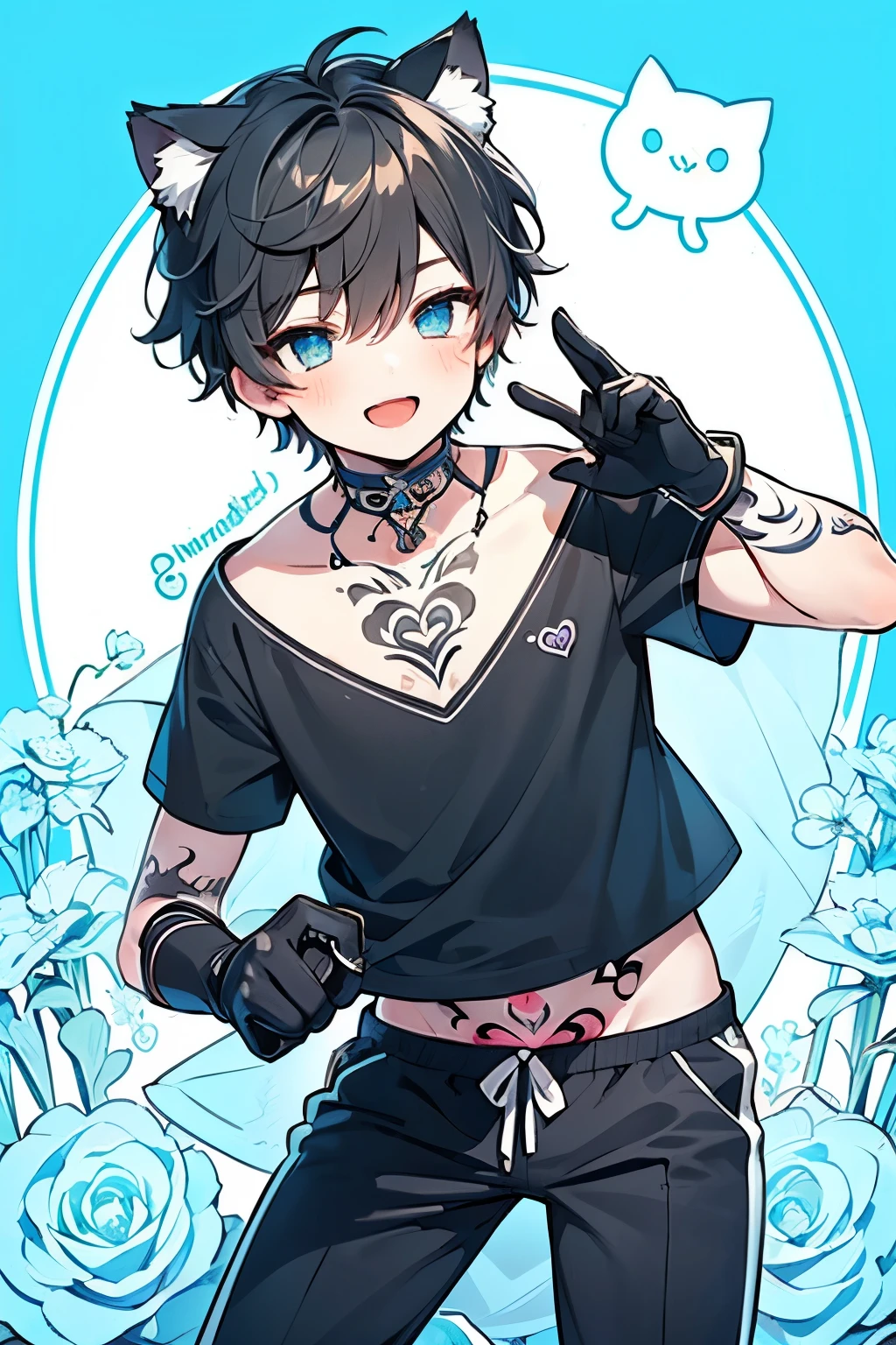 ((1-boy:1.5)),catboy with white air standing in a cat pose, cat ears, black big cat claws as gloves. Cute, open mouth as meowing, smirk confident look,wonderland motif costume,fighter,high quality, perfect eyes, anime manga style, cute and cool,((tattoo on thigh:1.0))
