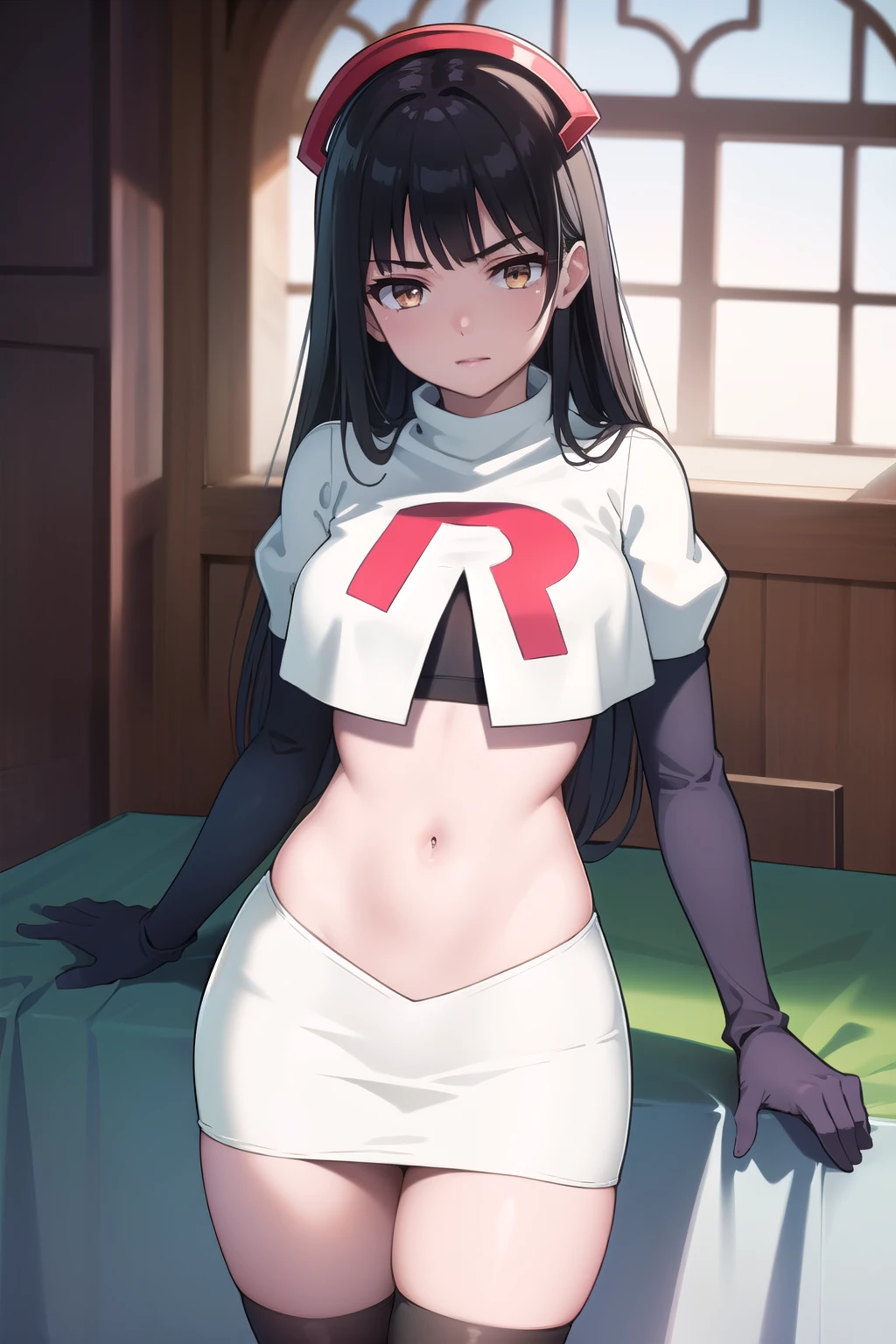 (extremely detailed CG unity 8k wallpaper),(masterpiece),(best quality),(ultra-detailed),(best illustration),(best shadow),(absurdres),1girl,solo,Chihara ,black hair, red eyes, breasts, earrings, navel, jewelry, long hair, team rocket,team rocket uniform,white skirt,red letter R,crop top,black thigh-highs,black elbow gloves