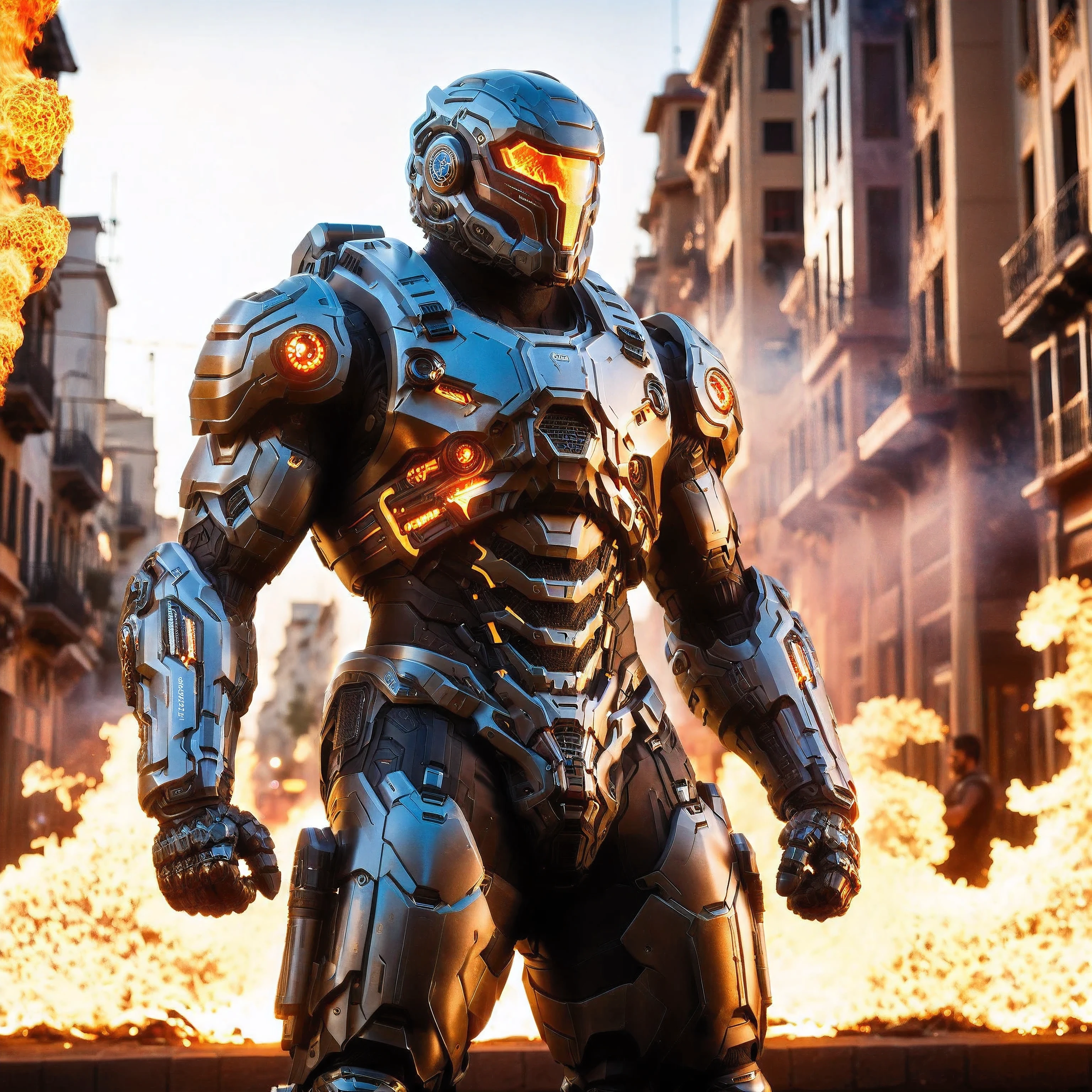 (One single handsome Spanish man, with a short beard ), emb3r4rmor, wearing embers exosuit, burning, glowing, dynamic pose, fighting stance, (fantasy city background), realistic, masterpiece, intricate details, detailed background, depth of field, photo of a handsome man,