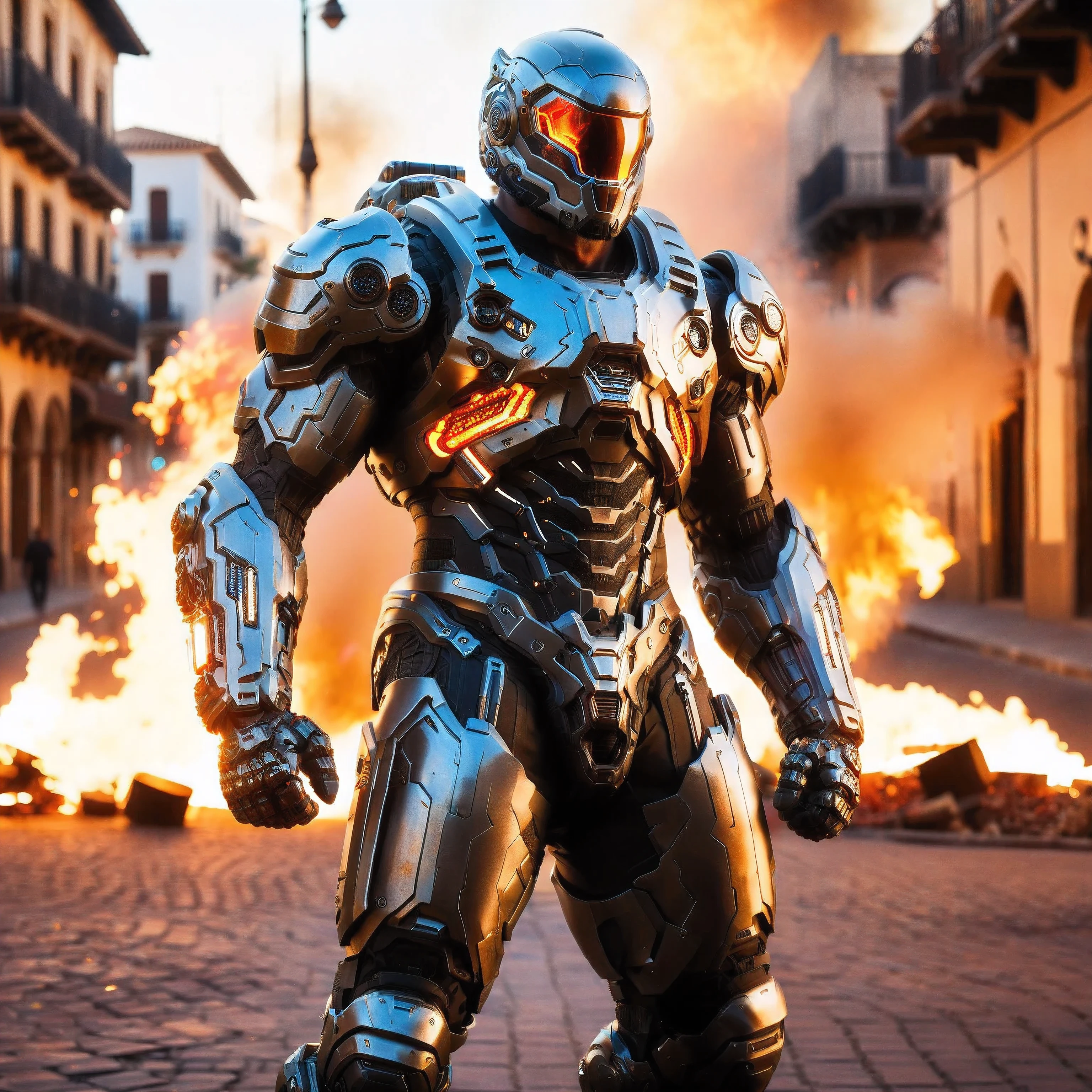 (One single handsome Spanish man, with a short beard ), emb3r4rmor, wearing embers exosuit, burning, glowing, dynamic pose, fighting stance, (fantasy city background), realistic, masterpiece, intricate details, detailed background, depth of field, photo of a handsome man,