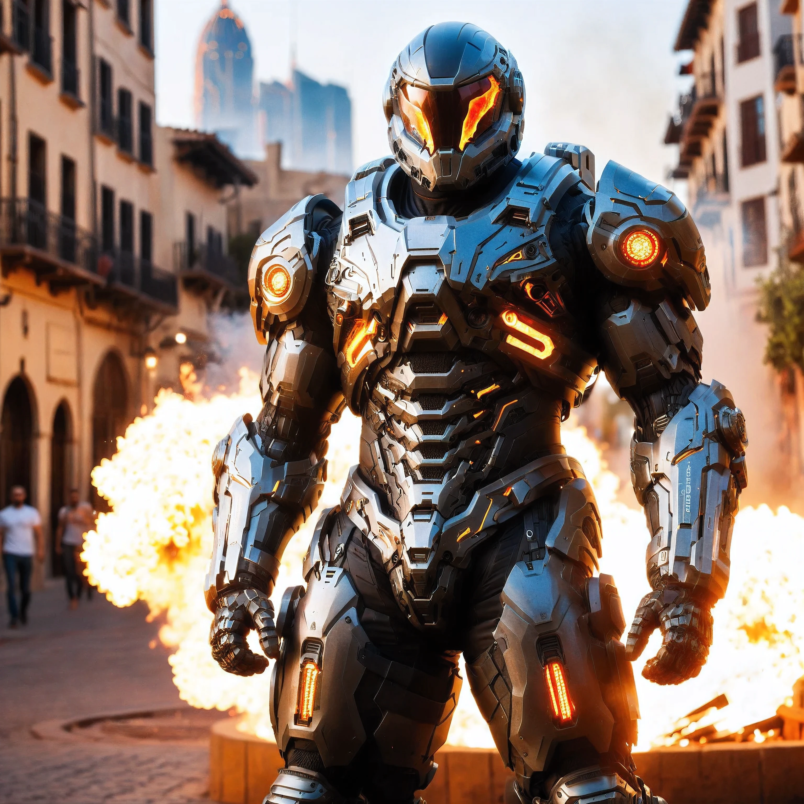 (One single handsome Spanish man, with a short beard ), emb3r4rmor, wearing embers exosuit, burning, glowing, dynamic pose, fighting stance, (fantasy city background), realistic, masterpiece, intricate details, detailed background, depth of field, photo of a handsome man,