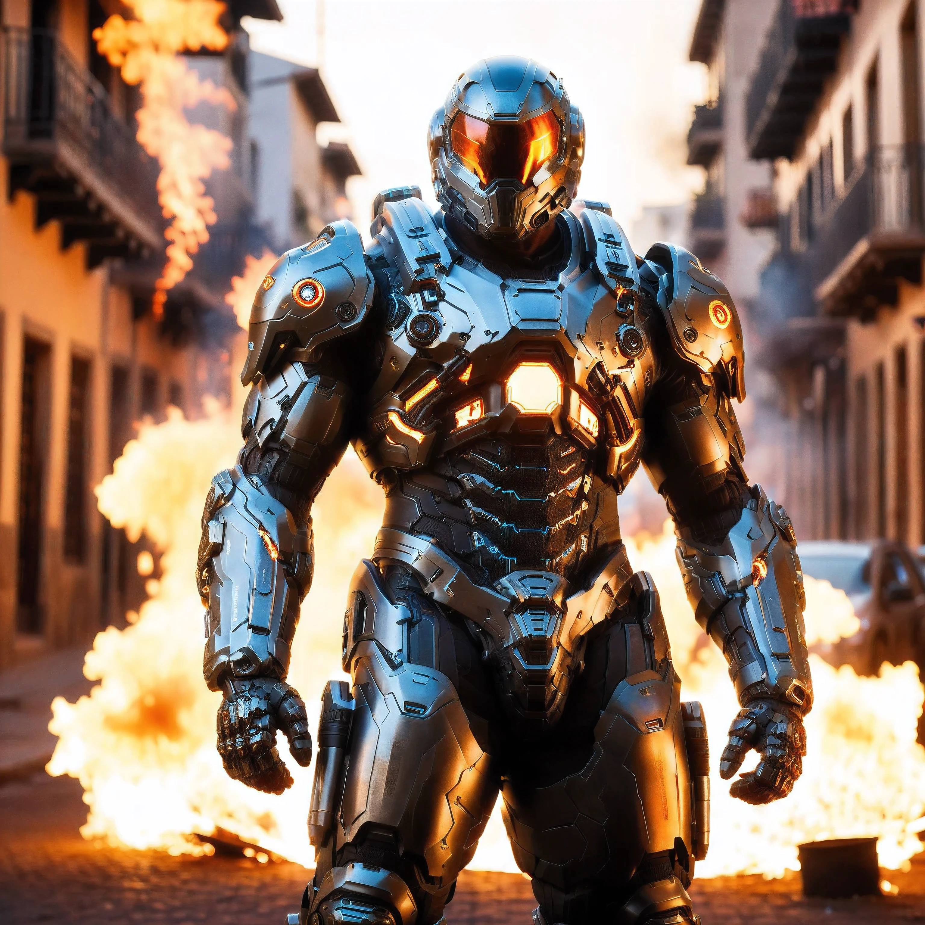 (One single handsome Spanish man, with a short beard ), emb3r4rmor, wearing embers exosuit, burning, glowing, dynamic pose, fighting stance, (fantasy city background), realistic, masterpiece, intricate details, detailed background, depth of field, photo of a handsome man,