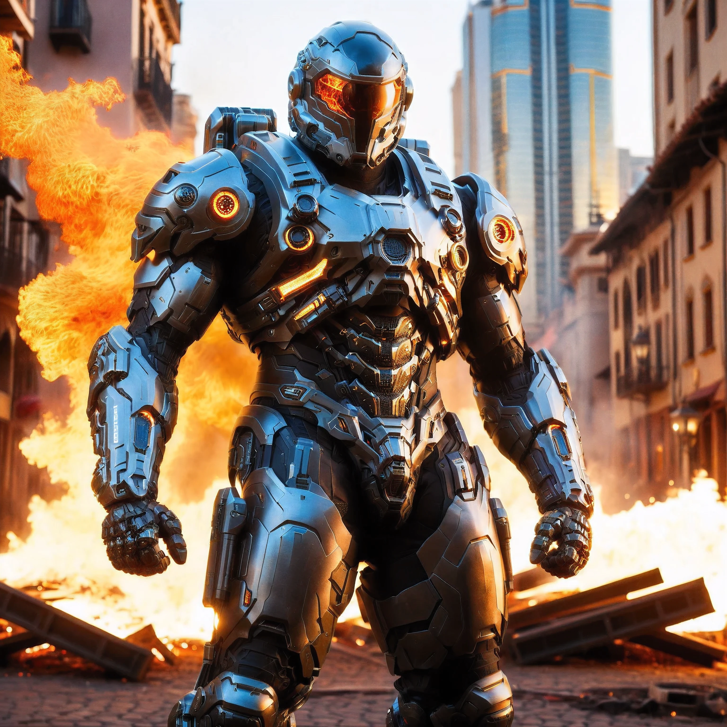 (One single handsome Spanish man, with a short beard ), emb3r4rmor, wearing embers exosuit, burning, glowing, dynamic pose, fighting stance, (fantasy city background), realistic, masterpiece, intricate details, detailed background, depth of field, photo of a handsome man,