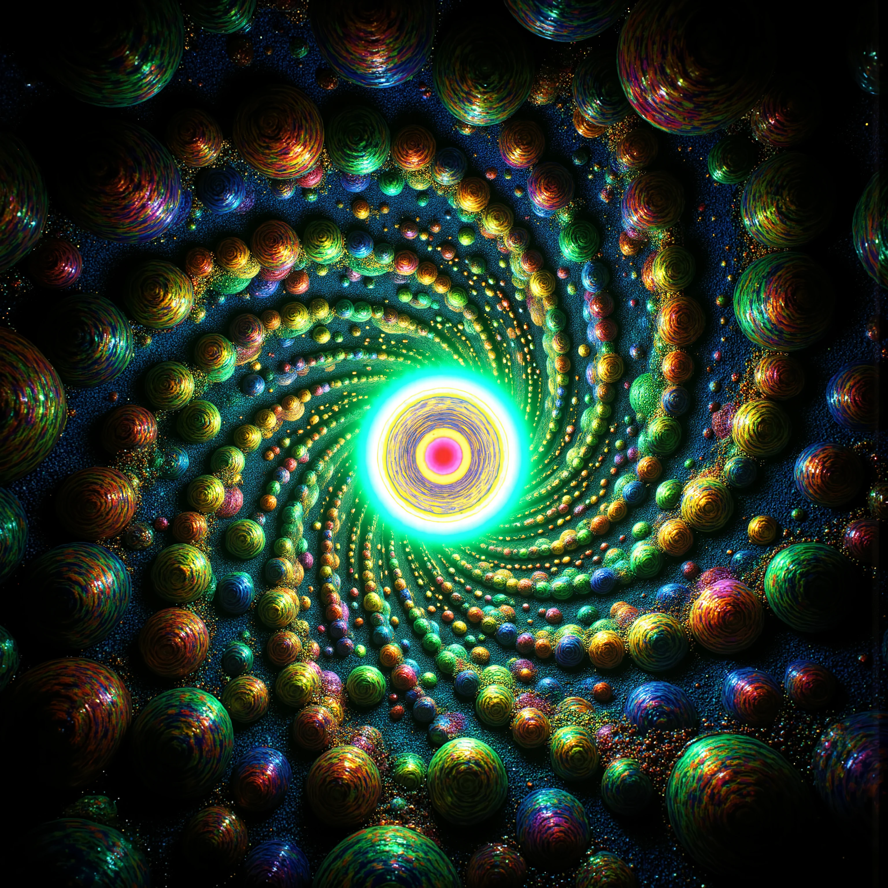 a psychedelic digital art,ultra-detailed vibrant fluorescent neon colors,intricate rainbow glass-like environment,shimmering glass bubbles morphing out of swirling colors,glowing light and reflection,4d mandelbulb psychedelic landscape,bright overexposed backlighting with depth of field,award winning masterpiece,pixel art,portrait photography,photorealistic,hyperdetailed,glass morphism,sparkle,optical illusion,rotational symmetry,best quality,8k,ultra-fine detailsWithin the black of the abyss, intense bright, colorful, perfectly symmetrical glass spheres containing the glowing light of acidzlime within the glass. Smaller glass orbs beneath that melt and drip vibrant colorful symetrical patterns that cover the ground and merge together in a quilt of intricate and complex designs. High fantasy, magical effects,Portrait photography, cinematic photography, photorealistic UHD, intricate, complex, attention to detail, optical illusions, unique patterns and designs, avant garde, masterpiece. Light is emerging from colors in a psychedelic dream, shimmering glass morphing out of colors, tripped out vibrant colors, perfectly formed beautiful reflective bubbles, attention to detail on the bubbles and spheres, beautiful psychedelic digital art, pixel art, trippy colors, 4d mandelbulb psychedelics, glass like psychedelic landscape, intricate rainbow environment, psychedelic underwater brightness, neon colors, bright  colors, psychedelic trip, fluorescent psychedelic aesthetic, psychedelic vibrant colors, bright psychedelic neon colors, paint splattered backgrounds,swirling spirals and vortex, bright vibrant colors popping out from 3d glass spheres, Pixel Assets, Portrait photography, surrealism, Photorealistic, Hyperdetailed, Glass Morphism, Digital Art, Sparkle, Optical Illusion, Glowing Light, Reflection Light, Overexposure, Backlighting, Depth Of Field, Rotational Symmetry, UHD, High Details, High Quality, Super Detailed, Best Quality, Award Winning, Masterpiece.   
