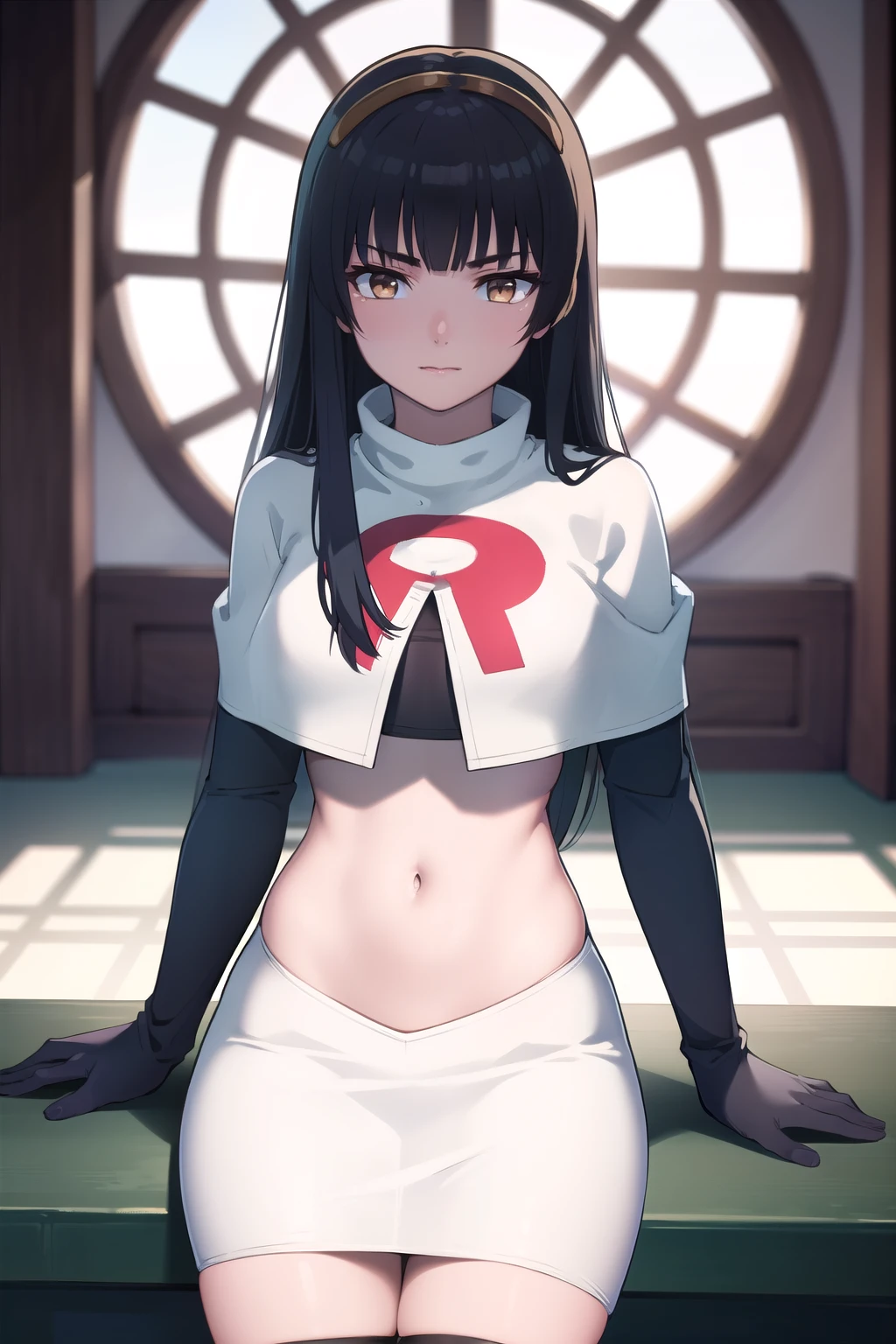 photorealistic, (4k), depth of field, (Masterpiece), (realistic skin texture), extremely detailed, intricate, hyper detailed, professional photography, bokeh, high resolution, sharp detail, best quality, girl, long hair, black hair, headdress, yellow eyes, team rocket,team rocket uniform,white skirt,red letter R,crop top,black thigh-highs,black elbow gloves