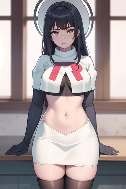 (masterpiece, best quality, ultra-detailed), 1girl, looking at viewer, glasses, team rocket,team rocket uniform,white skirt,red letter R,crop top,black thigh-highs,black elbow gloves,