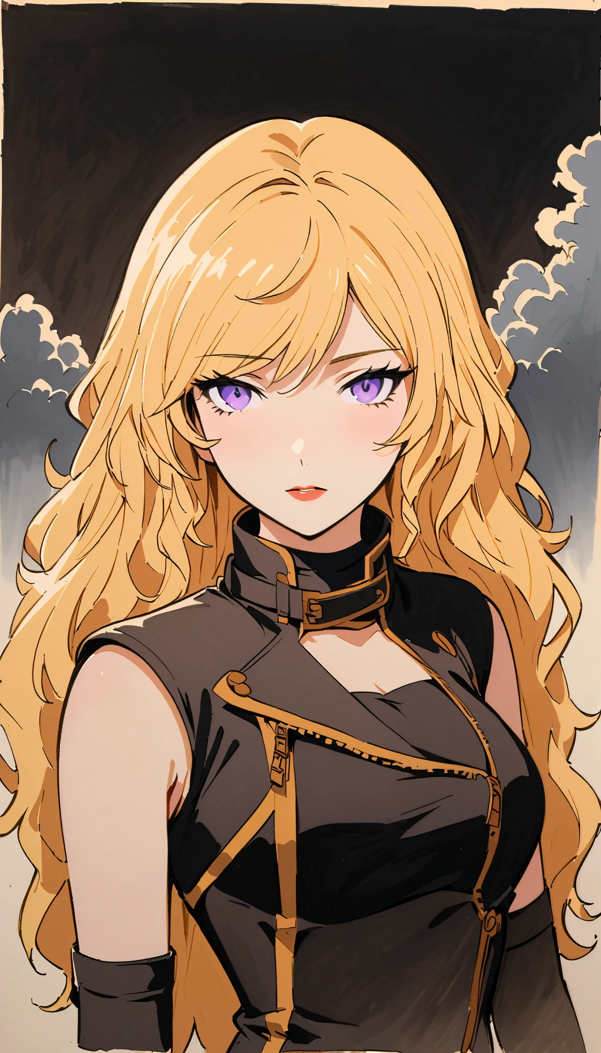 vintage movie, girl, wavy blonde hair, woman body, black top, black bodycon skirt, black boots, dark room, Silhouette of clouds, traditional media, purple eyes, all black. yang xiao long from rwby