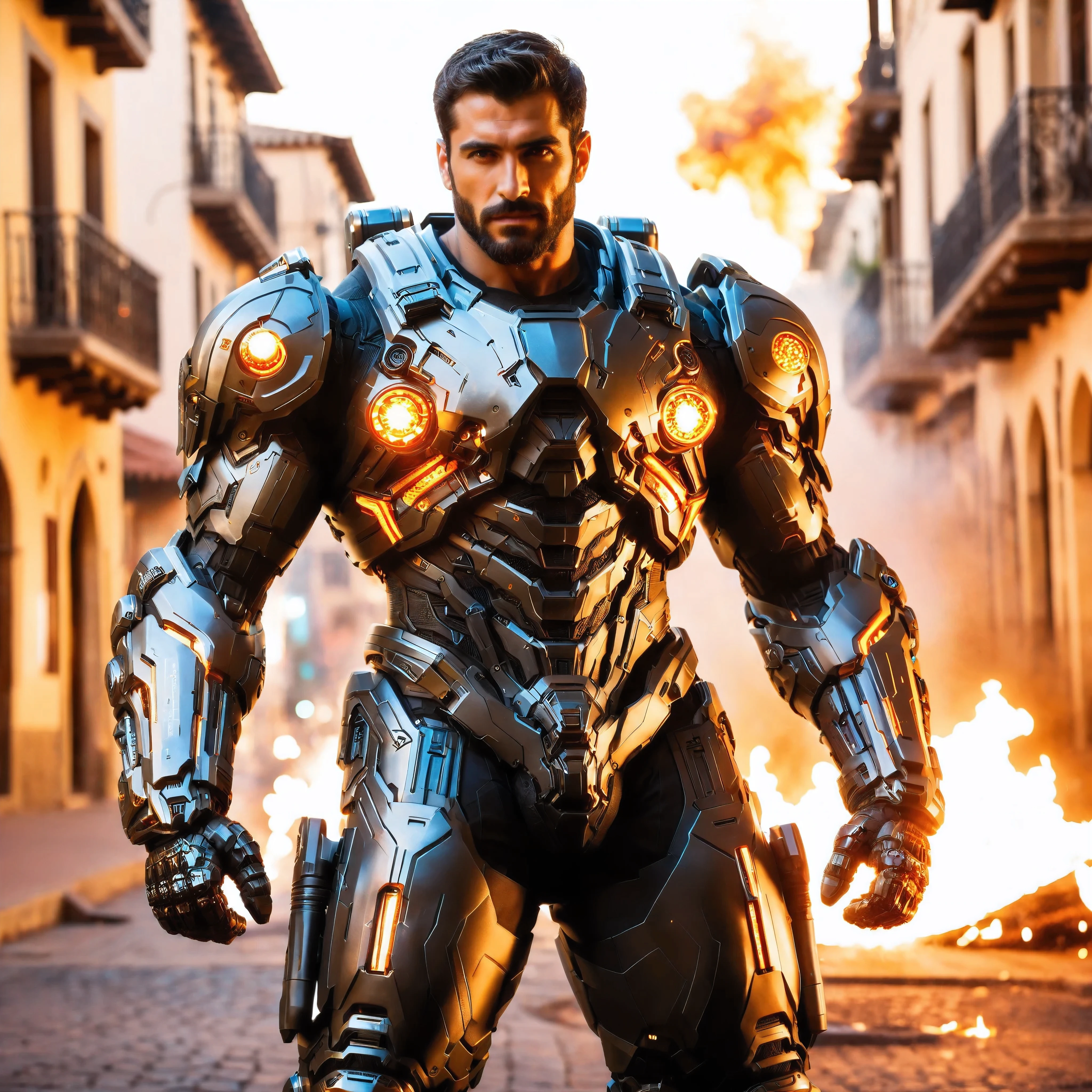 (One single handsome Spanish man, with a short beard ), emb3r4rmor, wearing embers exosuit, burning, glowing, dynamic pose, fighting stance, (fantasy city background), realistic, masterpiece, intricate details, detailed background, depth of field, photo of a handsome man,