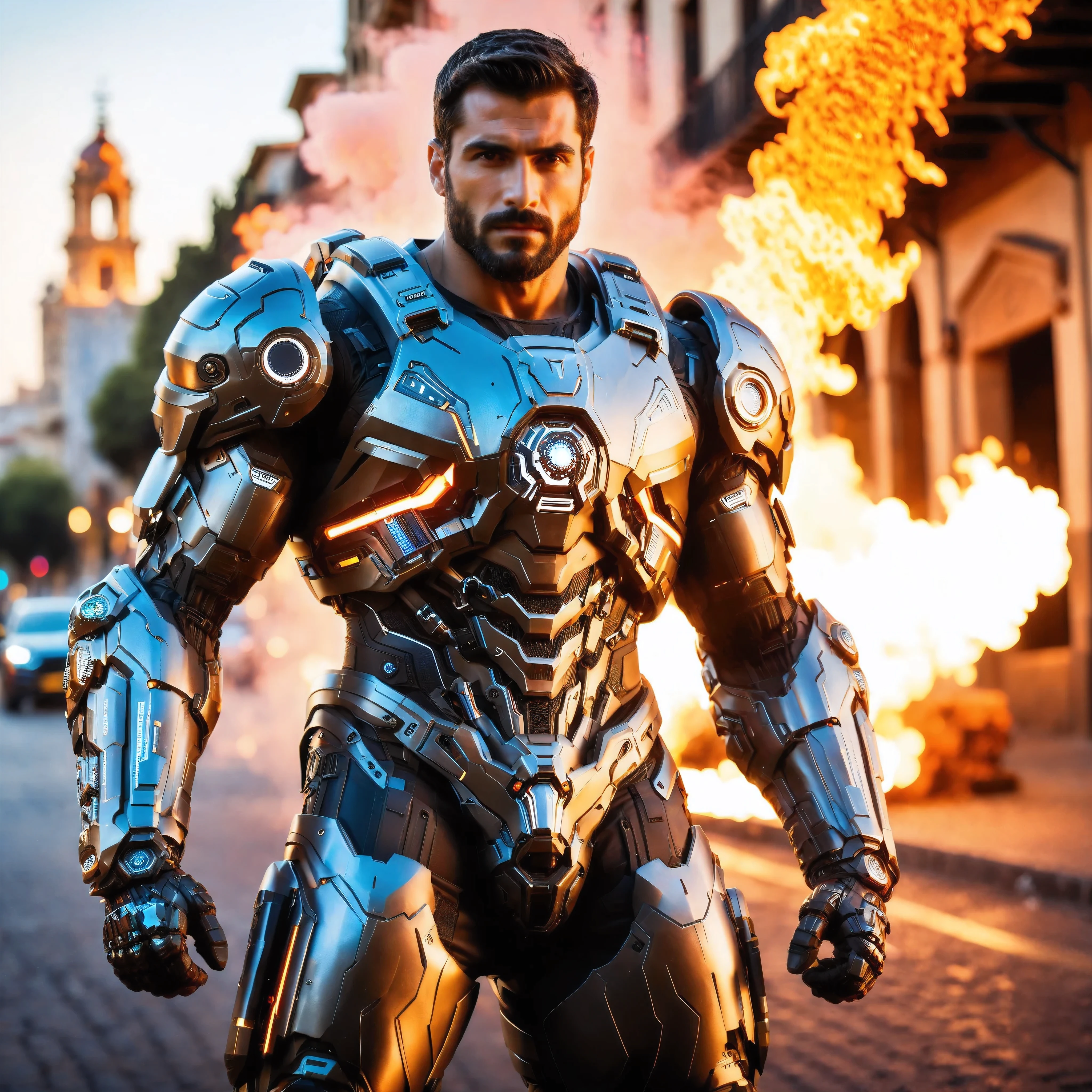 (One single handsome Spanish man, with a short beard ), emb3r4rmor, wearing embers exosuit, burning, glowing, dynamic pose, fighting stance, (fantasy city background), realistic, masterpiece, intricate details, detailed background, depth of field, photo of a handsome man,