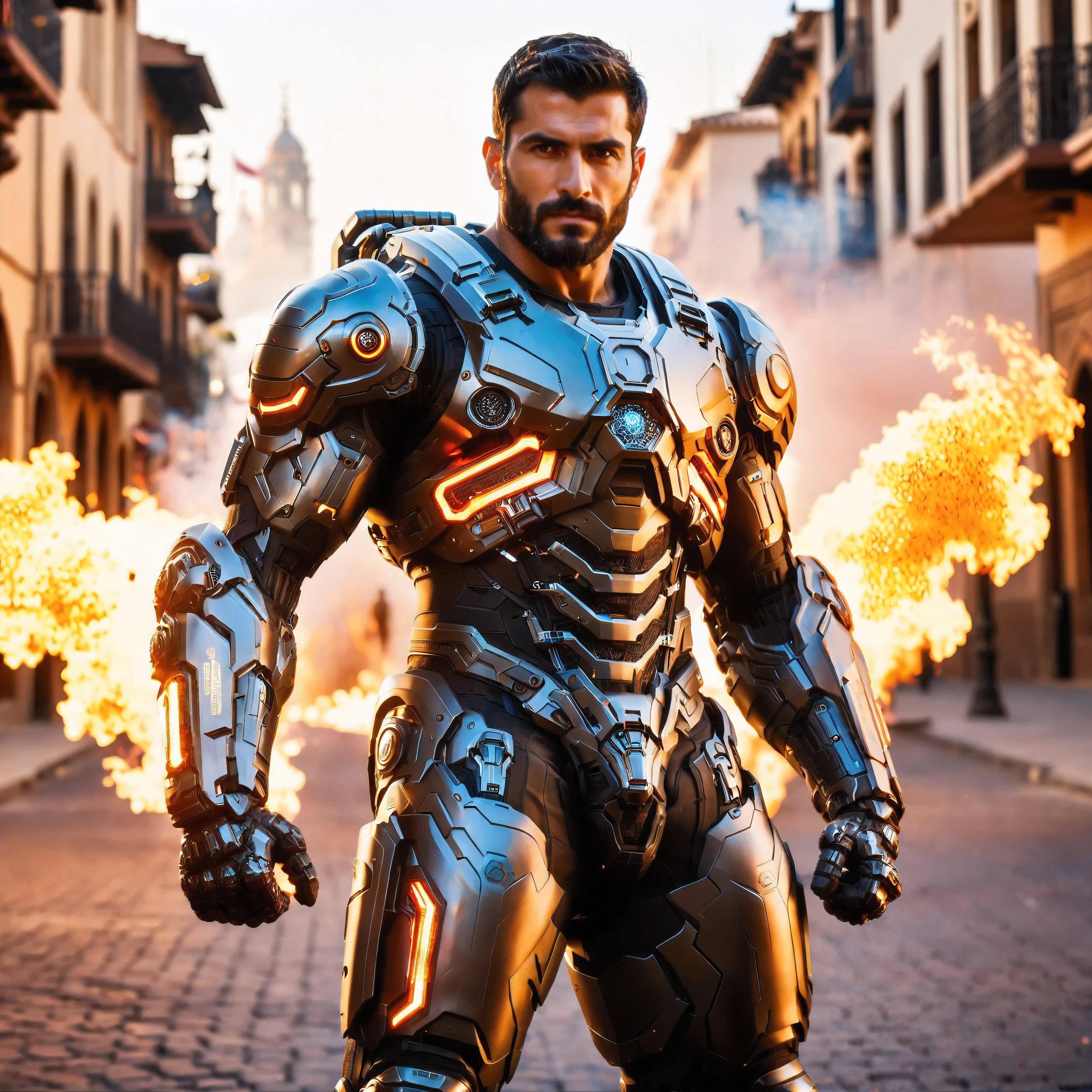 (One single handsome Spanish man, with a short beard ), emb3r4rmor, wearing embers exosuit, burning, glowing, dynamic pose, fighting stance, (fantasy city background), realistic, masterpiece, intricate details, detailed background, depth of field, photo of a handsome man,