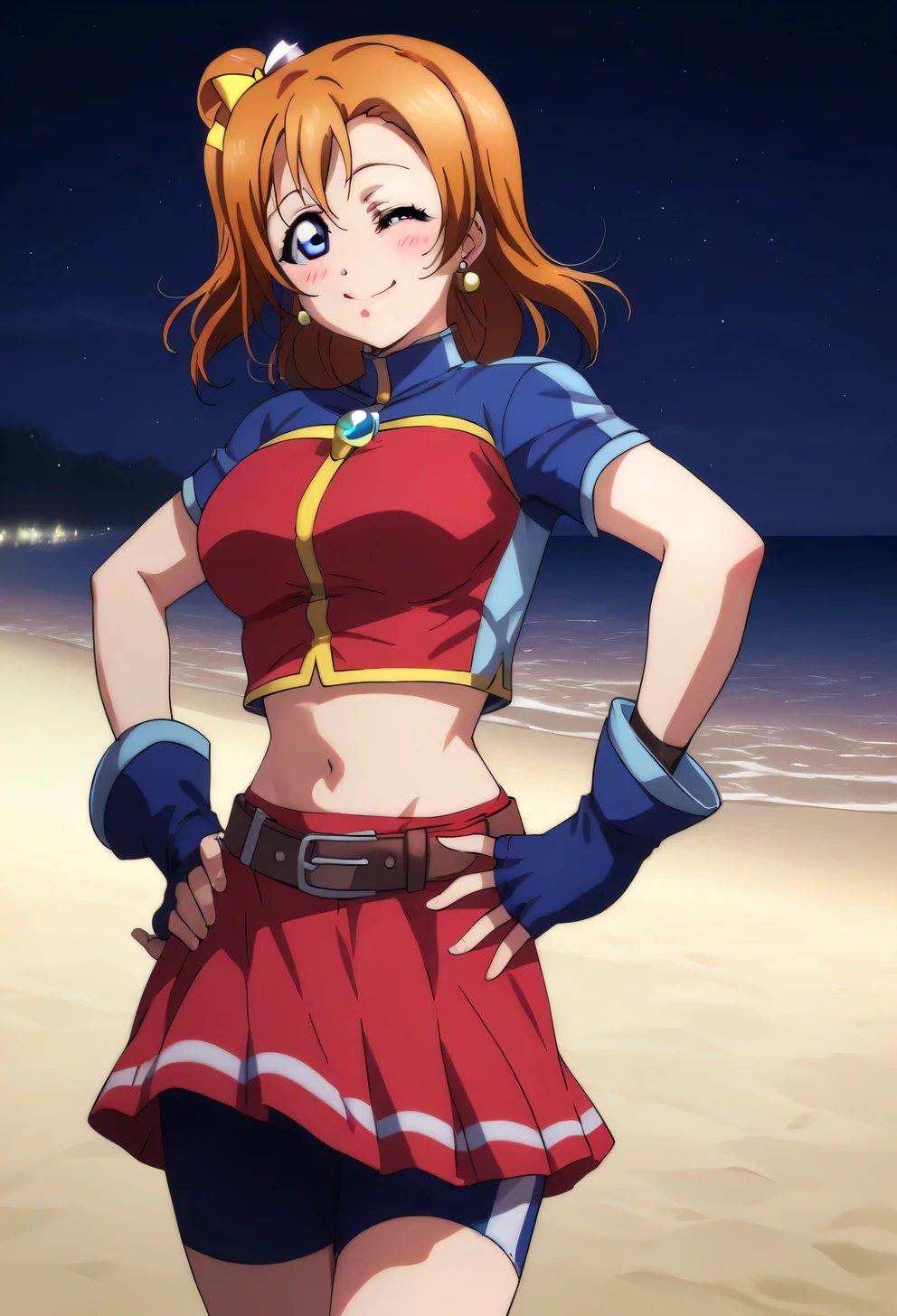 anime style, love live,kousaka honoka , love live, blue eyes, orange hair,earrings, (blushing:1.2) , standing, blue sleeves, pearl (gemstone), short sleeves, red top, belt, fingerless gloves, navel, red skirt, biker shorts, slightly smile,beach, night, dynamic lighting, detailed shading,solo,1girl, dynamic angel of view, medium hair,wink,big breasts, one hand on hip