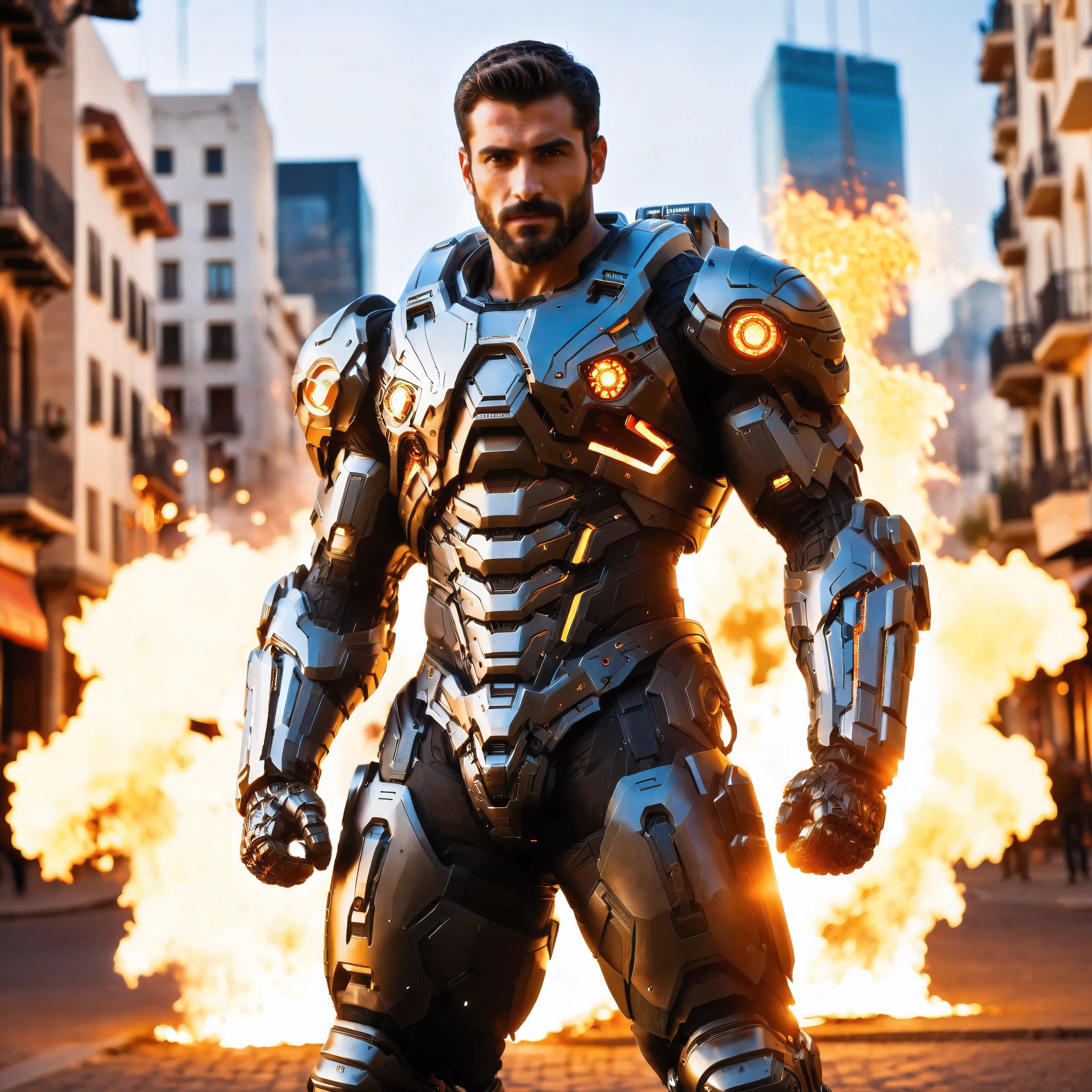 (One single handsome Spanish man, with a short beard ), emb3r4rmor, wearing embers exosuit, burning, glowing, dynamic pose, fighting stance, (fantasy city background), realistic, masterpiece, intricate details, detailed background, depth of field, photo of a handsome man,