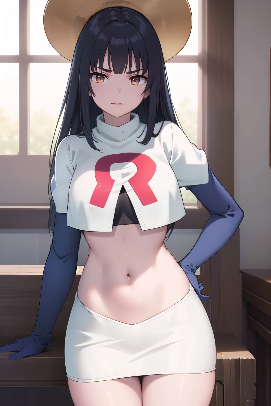 fuukoizumo, fuuko izumo, black hair, hair between eyes, (brown eyes:1.5), short hair,
BREAK team rocket,team rocket uniform, red letter R, white skirt,white crop top,black thigh-highs,black elbow gloves, beanie, (red beanie:1.2),
BREAK looking at viewer, (cowboy shot:1.5),
BREAK (masterpiece:1.2), best quality, high resolution, unity 8k wallpaper, (illustration:0.8), (beautiful detailed eyes:1.6), extremely detailed face, perfect lighting, extremely detailed CG, (perfect hands, perfect anatomy),