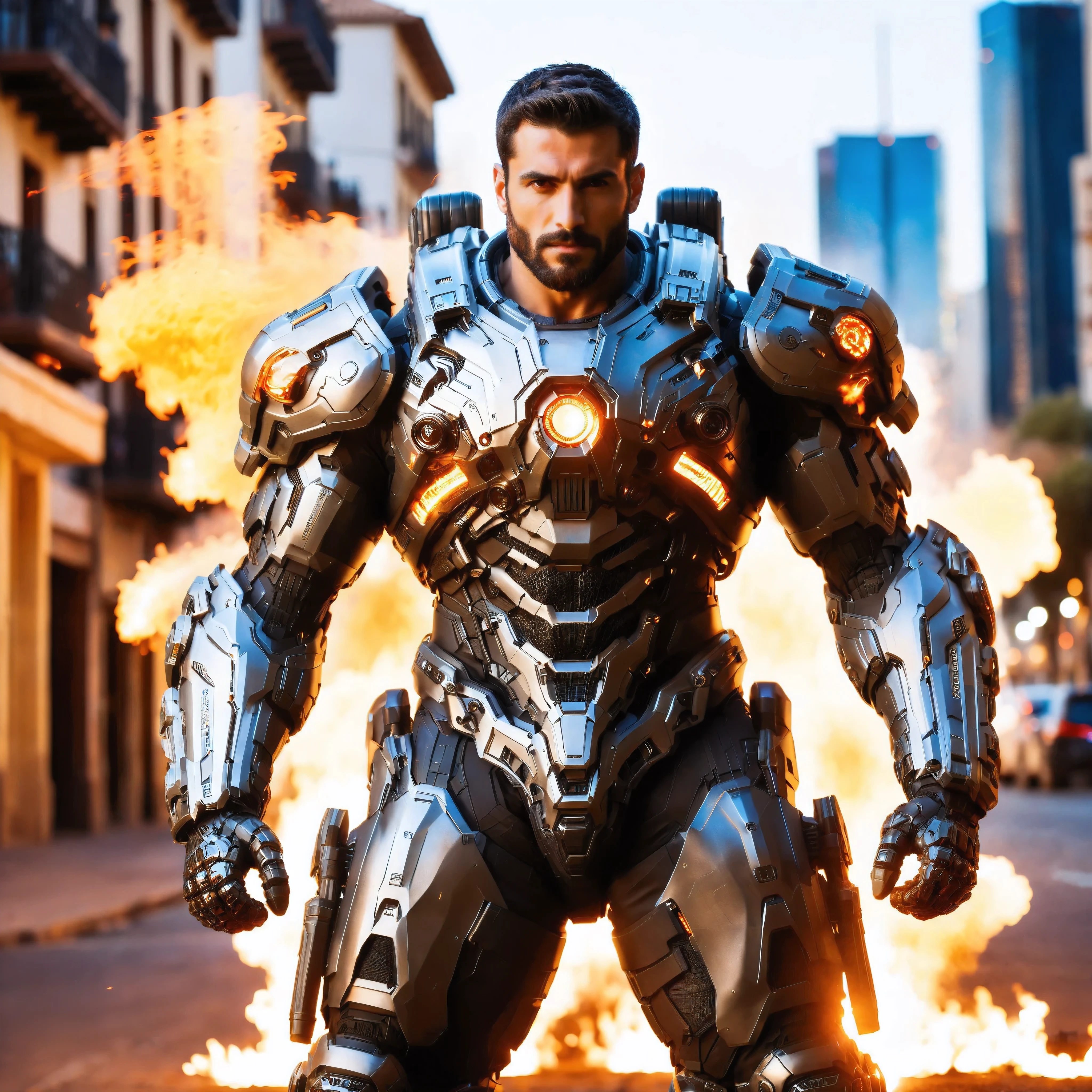 (One single handsome Spanish man, with a short beard ), emb3r4rmor, wearing embers exosuit, burning, glowing, dynamic pose, fighting stance, (fantasy city background), realistic, masterpiece, intricate details, detailed background, depth of field, photo of a handsome man,