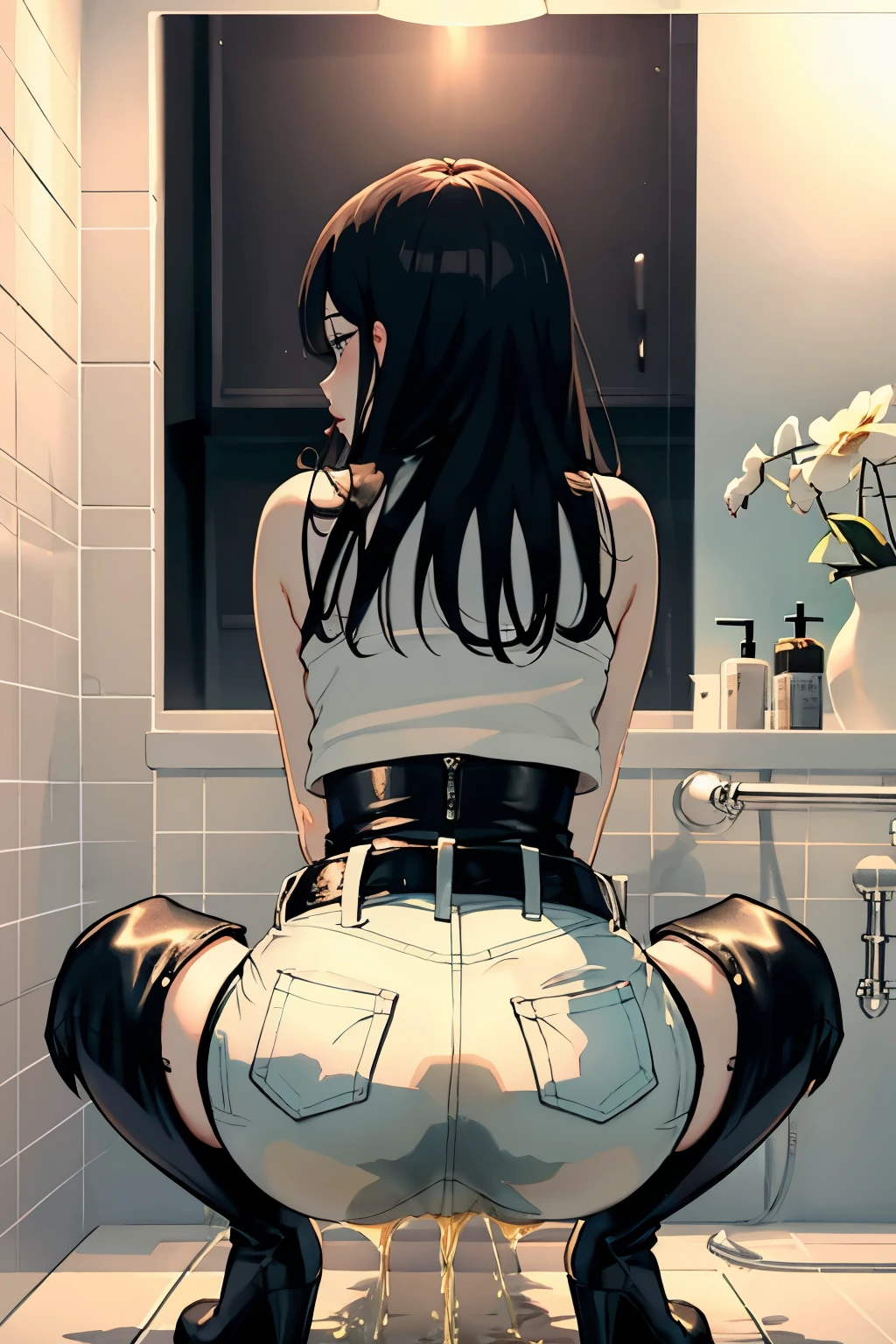 anime, best quality, high quality, highres, beautiful women, high detail, good lighting, lewd, hentai, (no nudity), (((jean shorts))), ((tight leather top)), (((leather thigh high boots))), bare midriff, (wet shorts), (((wetting herself))), (((peeing herself))), (((peeing self))), (pee streaming down legs), peeing stain, (puddle), (thick thighs), nice long legs, lipstick, detailed face, pretty face, embarrassed blushing face, humiliated, ((legs spread)), (squatting), ((bathing in large bright bath)), hihelz, ((view of butt))