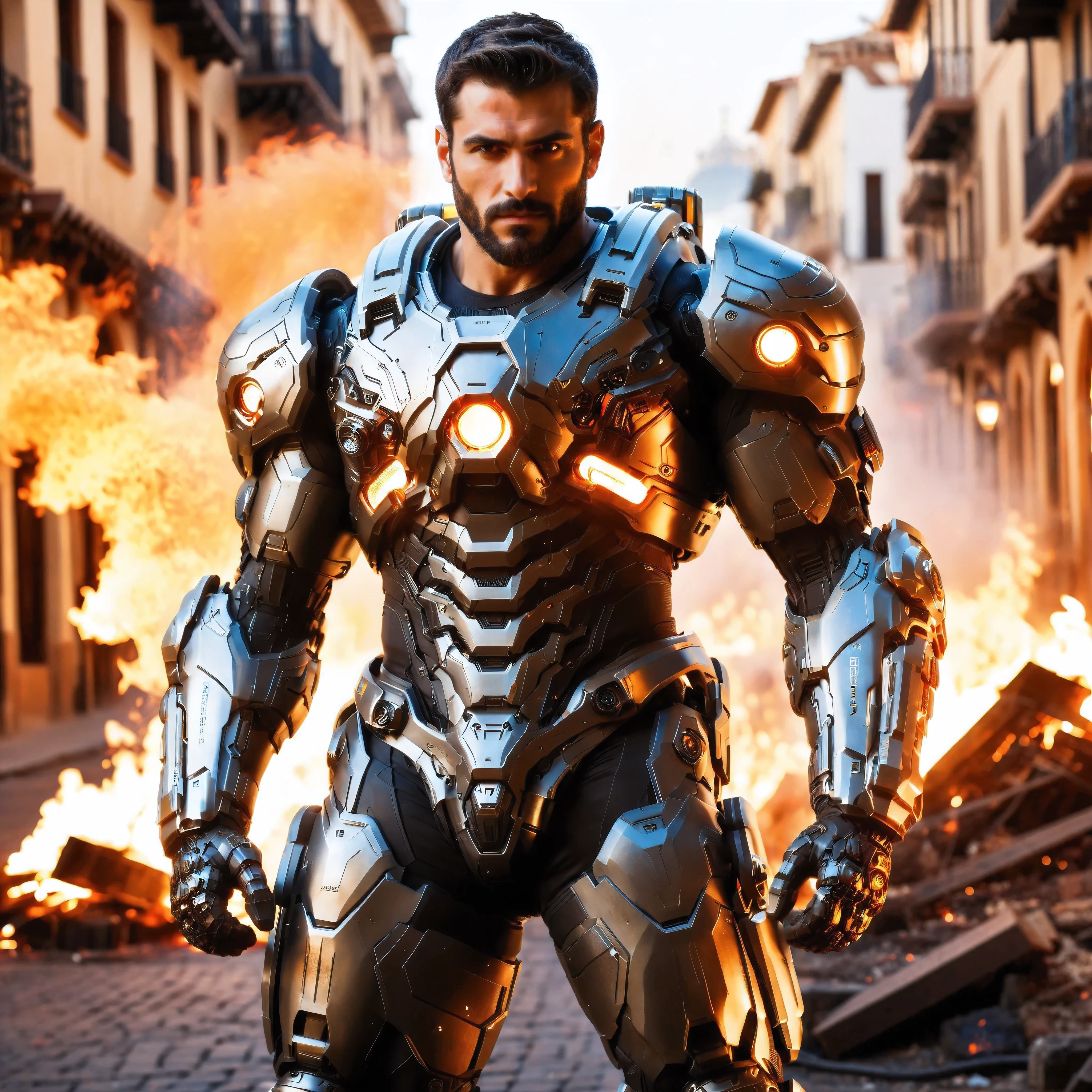 (One single handsome Spanish man, with a short beard ), emb3r4rmor, wearing embers exosuit, burning, glowing, dynamic pose, fighting stance, (fantasy city background), realistic, masterpiece, intricate details, detailed background, depth of field, photo of a handsome man,