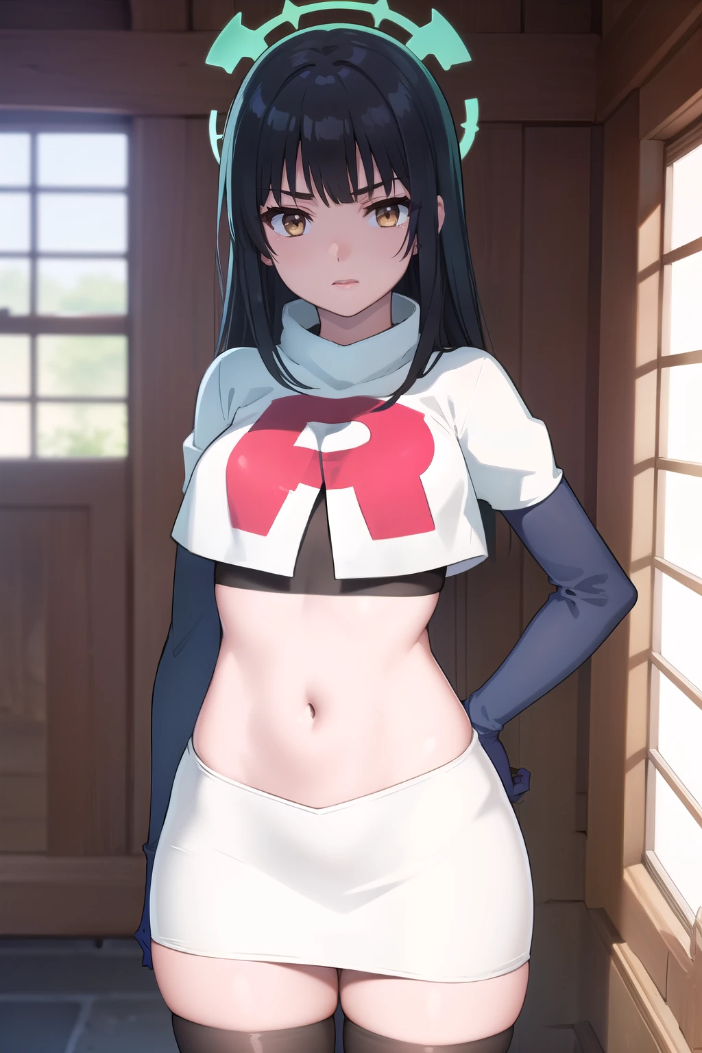 photorealistic, (4k), depth of field, (Masterpiece), (realistic skin texture), extremely detailed, intricate, hyper detailed, professional photography, bokeh, high resolution, sharp detail, best quality, girl, long hair, black hair, headdress, yellow eyes, team rocket,team rocket uniform,white skirt,red letter R,crop top,black thigh-highs,black elbow gloves