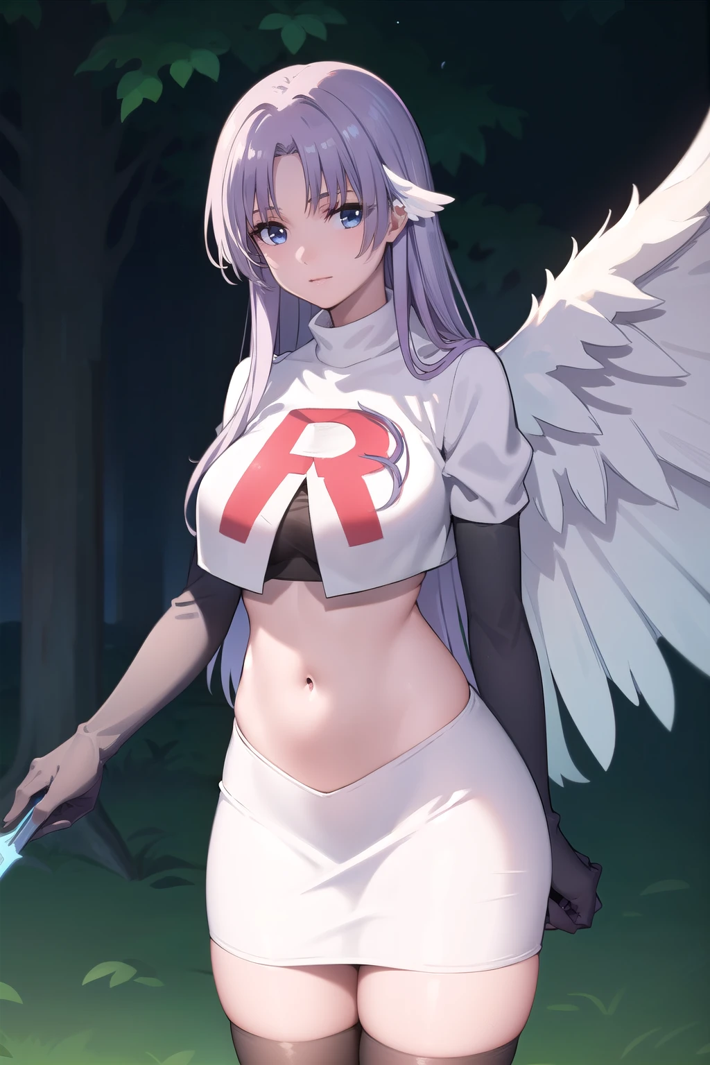 photorealistic, (4k), depth of field, (Masterpiece), (realistic skin texture), extremely detailed, intricate, hyper detailed, professional photography, high resolution, sharp detail, best quality, woman, short hair, pink hair, angel wings, large wings, yellow eyes, red gem on forehead, (flying:1.5), in the sky, (above clouds), (clouds:1.3), blue sky, between clouds, landscape far away, (outdoors), team rocket,team rocket uniform,white skirt,red letter R,crop top,black thigh-highs,black elbow gloves