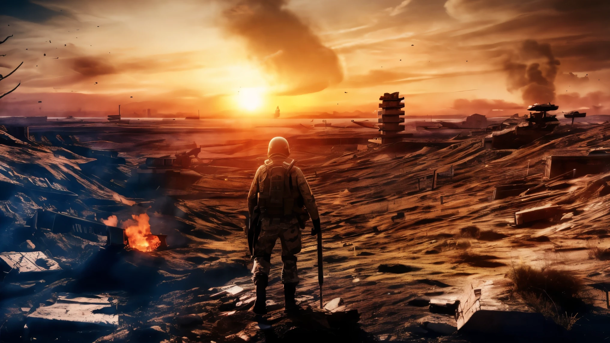 highest quality、Desolate Land, soldier with gas mask、destruction、red sky、Surrealism