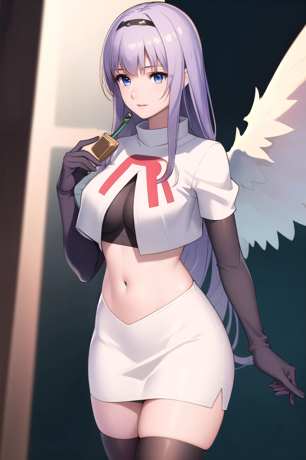 An 18 year old female angel with long, white hair, yellow eyes, white cat ears, and large white angel wings. yellow halo ring round white glasses (Black halter turtleneck, purekiller sleeveless sweater, backless sexy white dress.) white arm warmers hand touching lips, standing