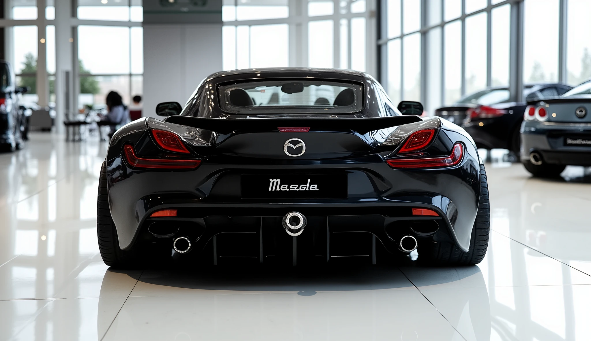 Back view of painted black with shiny clour 2025 Mazda RX7 sleek in sports Car in large size with "Mazda"  logo on its large detailed grille in shiny white clour with angular sporty design captured from close back view with modified sleek backlights & with a "Mazda" logo and with modified cutting edge tenology with a plate called "Mazda" with in a Luxury bright showroom with white gleamy floor Quality, with two rectumgular exahust" with very low suspension of car that touches showroom surface Super Detailed, and shining of showroom falling on car surface