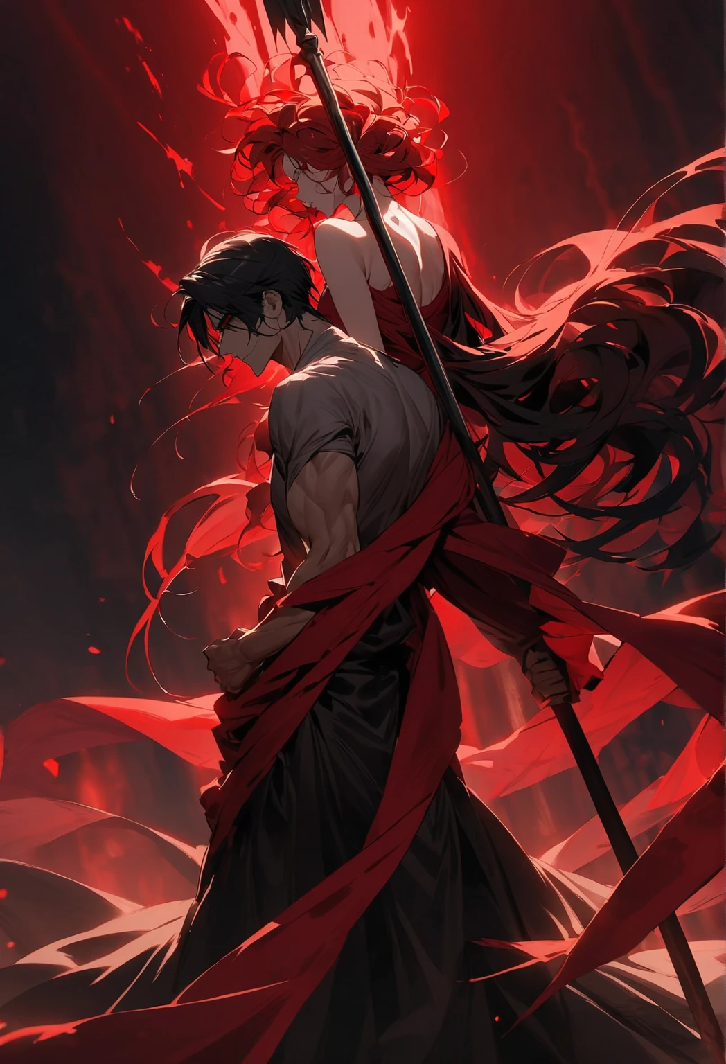 Create an anime fight scene, a black-haired wizard, a magician with sexy clothes and long red hair , messy, are struggling 