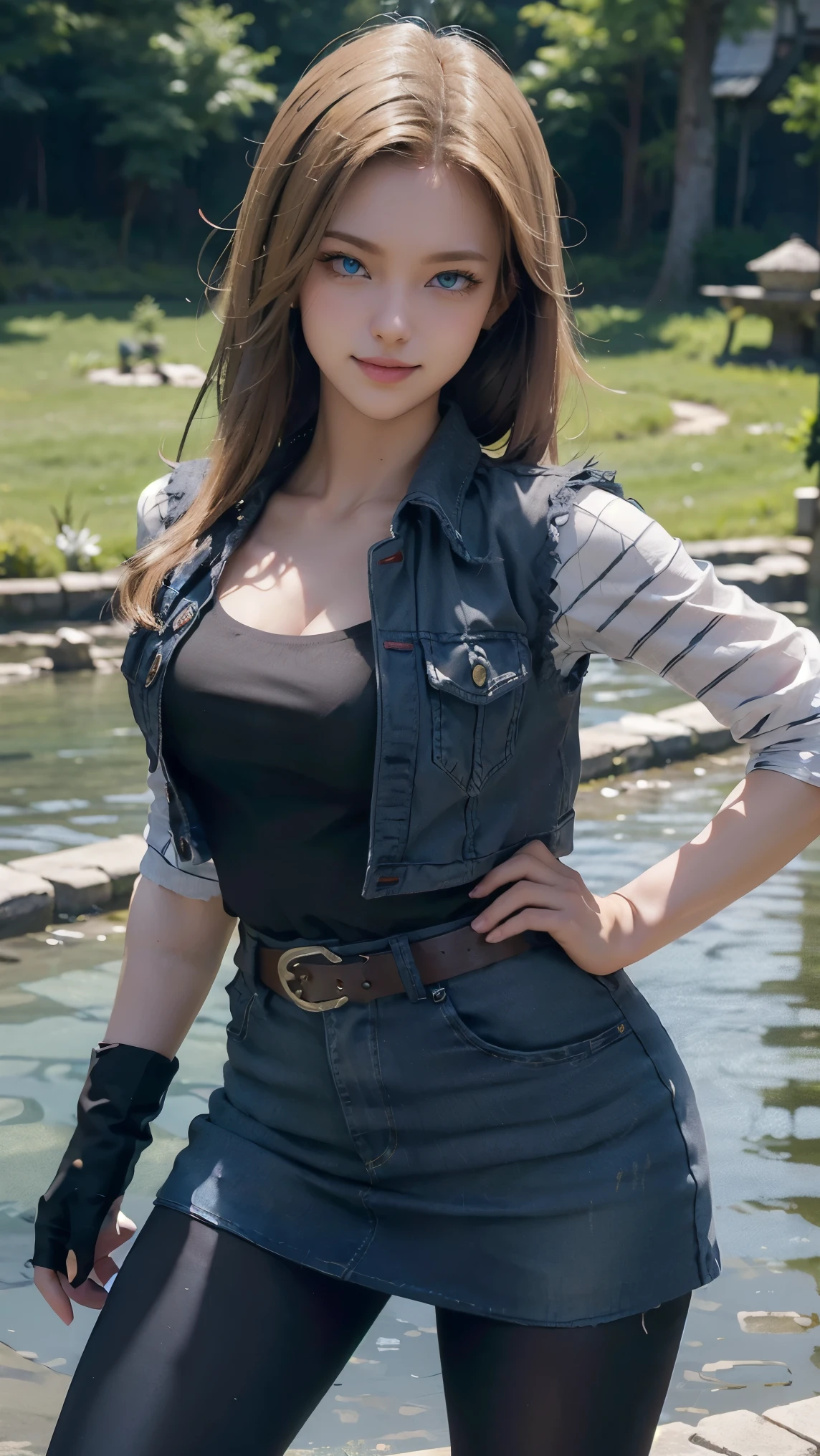 Android 18,(best qualityer,4K,8k,high resolution,work of art:1.2)(weather: cloudy), Japanese village background, Japanese garden, black top, striped sleeves, cropped denim vest, belt, tight denim mini skirt, black pantyhose, brown boots, eyeliner, short straight hair, blonde hair, ultra detailed, realistic, portrait, beautiful detailed blue eyes, glowing eyes, blush, beautiful detailed lips, extremely detailed eye and face, long eyelashes, sexy, average, large breasts, beaming smile, sexy smile, powerful girl, combat stance, stunning curves, bright coloured, dramatic lighting, hair flying, closed first,