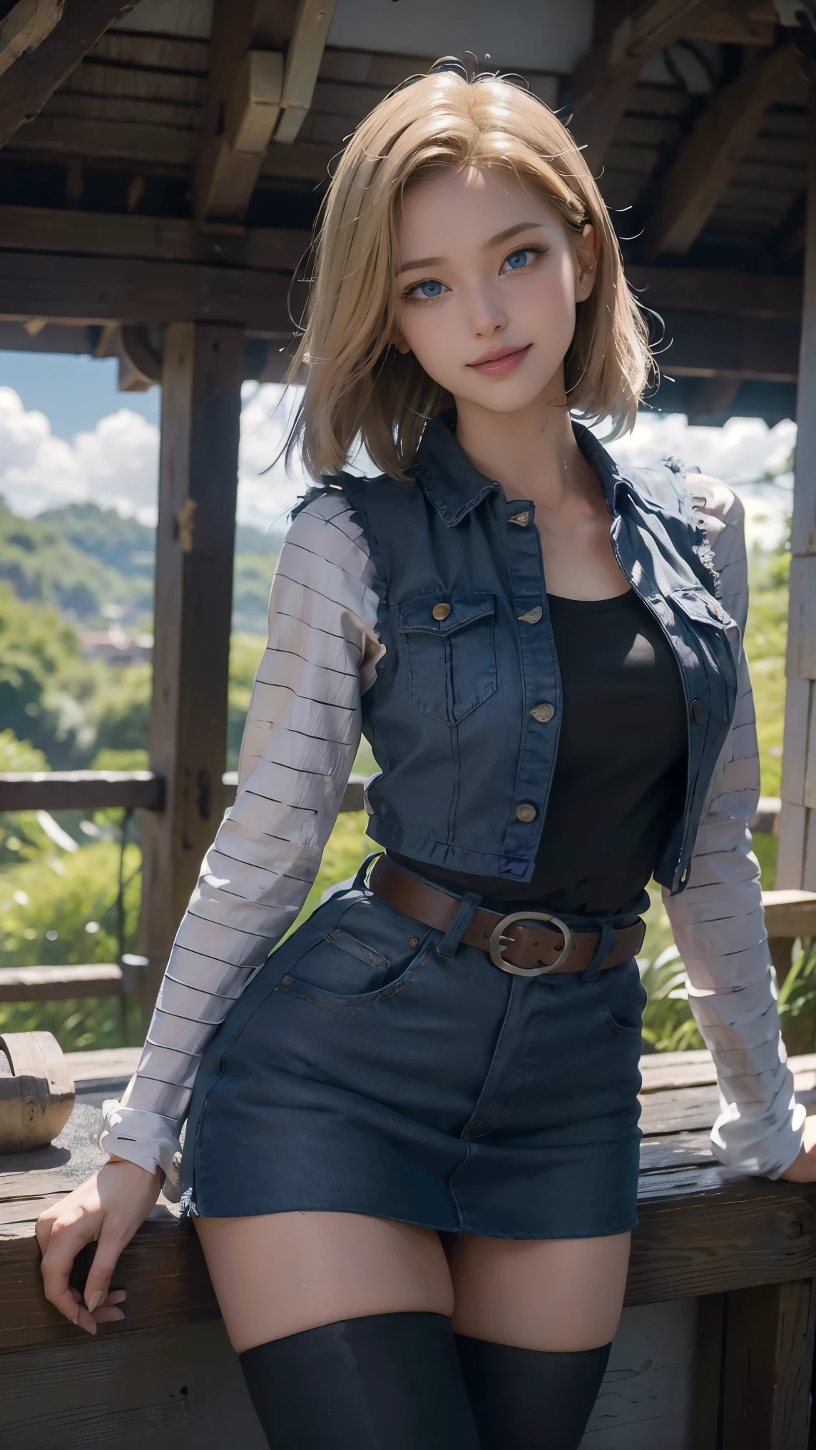 Android 18,(best qualityer,4K,8k,high resolution,work of art:1.2)(weather: cloudy), Japanese village background, Japanese garden, black top, striped sleeves, cropped denim vest, belt, tight denim mini skirt, black pantyhose, brown boots, eyeliner, short straight hair, blonde hair, ultra detailed, realistic, portrait, beautiful detailed blue eyes, glowing eyes, blush, beautiful detailed lips, extremely detailed eye and face, long eyelashes, sexy, average, large breasts, beaming smile, sexy smile, powerful girl, combat stance, stunning curves, bright coloured, dramatic lighting, hair flying, closed first,