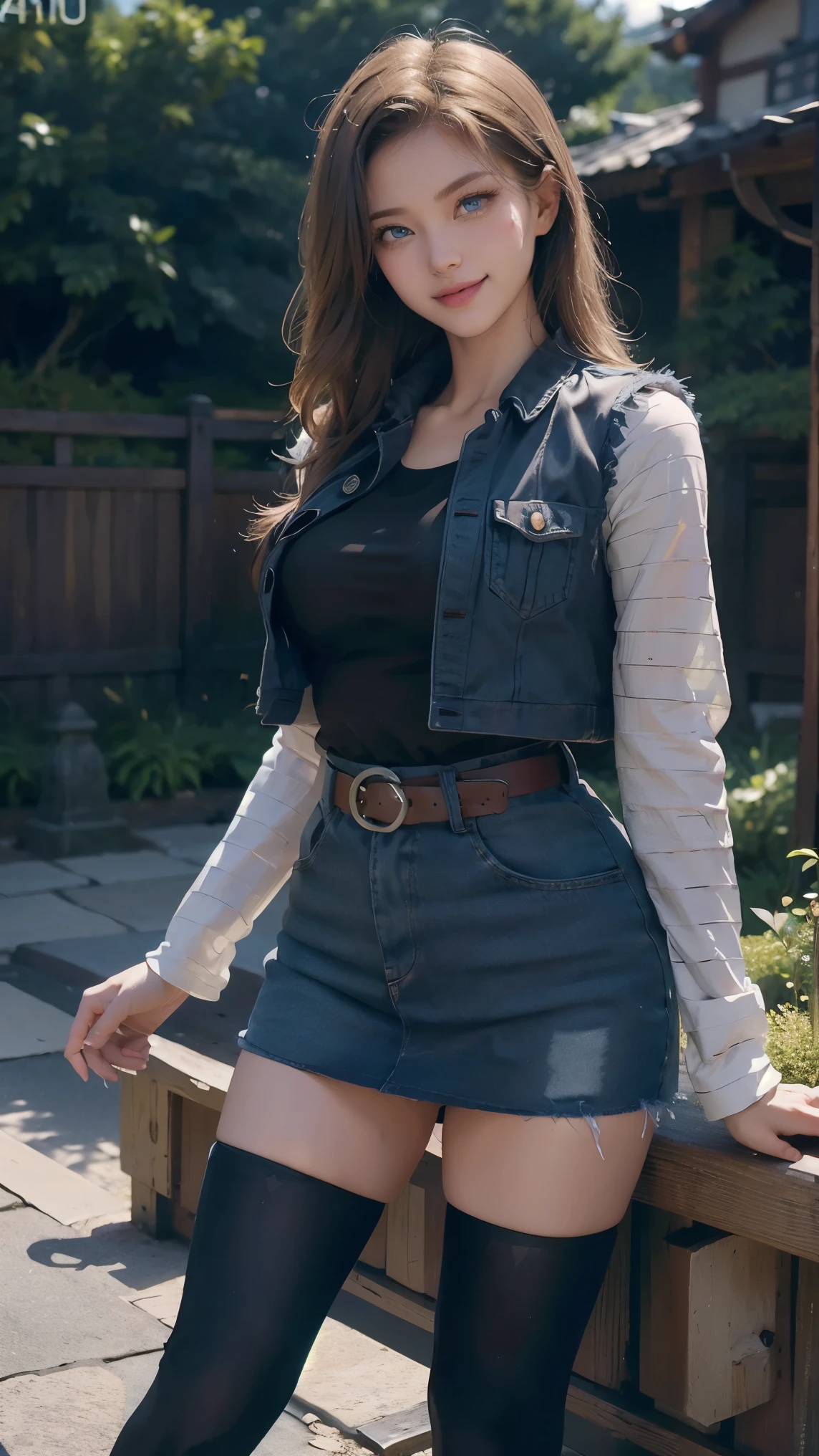 Android 18,(best qualityer,4K,8k,high resolution,work of art:1.2)(weather: cloudy), Japanese village background, Japanese garden, black top, striped sleeves, cropped denim vest, belt, tight denim mini skirt, black pantyhose, brown boots, eyeliner, short straight hair, blonde hair, ultra detailed, realistic, portrait, beautiful detailed blue eyes, glowing eyes, blush, beautiful detailed lips, extremely detailed eye and face, long eyelashes, sexy, average, large breasts, beaming smile, sexy smile, powerful girl, combat stance, stunning curves, bright coloured, dramatic lighting, hair flying, closed first,
