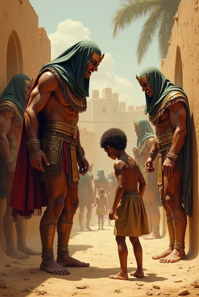 A group of 3 friends aged 13 and 24, tienen tristeza y miedo, se acerca una guerra. They are talking about how to defend themselves from the enemy army when they invade the city 14 years of blue hair, The 14-year-old boy with straight hair with his back uncovered and his chest bare but dressed in typical clothes of ancient Egypt with dark skin walking lost through the different streets of a city is noon. doferentes angulos mira la ciudad desde lo slto de una colina.