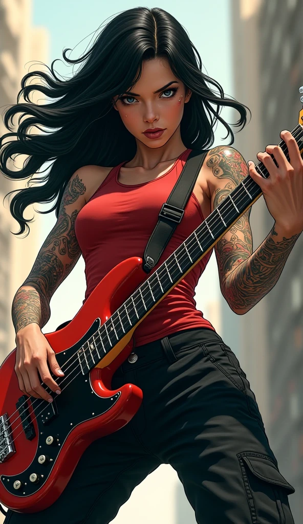 woman , playing bass , long wavy black hair , full body costume, red tank top and black cargo pants. Tattoo harmonic patterns . 21st Century Gekiga High Resolution Anime