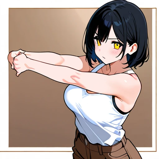、(masterpiece、Highest quality)、Highest quality, Ultra-high resolution, (((masterpiece))), alone, Sweat、Big eyes, Please show me your armpits, No sleeve、Outdoor、Floral dress、Cleavage、Composition from the front、(Cut the back hair short、short hair、blonde、woman)、(Manga Style:1.1)、Shortcuts、Embarrassed face、Cut your hair short、可愛いwomanの子、Big Breasts