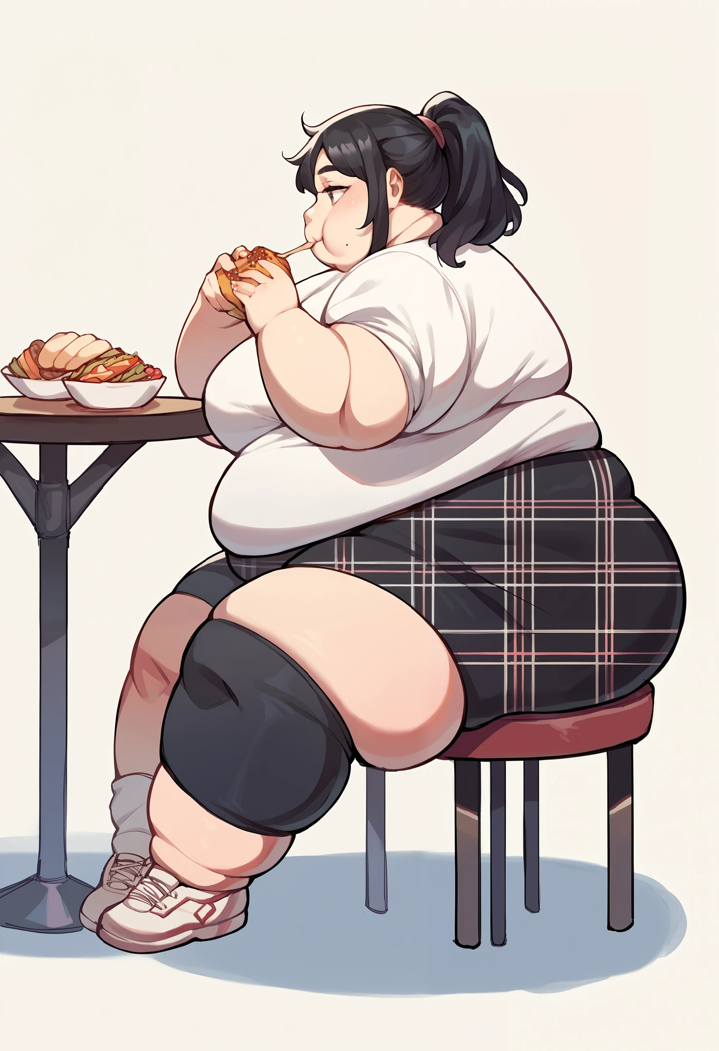 score_9, score_8_up, score_7_up, source_anime BREAK 1girl, solo, shihop5, black hair, ponytail, shirt, plaid skirt, bike shorts, asymmetrical legwear, cafeteria, sitting, eating, smile, mouth with food, fat, chubby, obese, full body shot