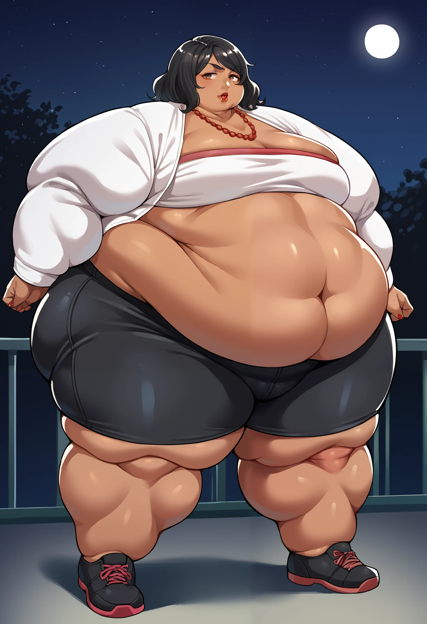 score_9, score_8_up, score_7_up, source_anime BREAK 1girl, solo, chounop5, black hair, medium hair, brown eyes, pink tube top, black bike shorts, white jacket, midriff, necklace, dark skin, lipstick, Red light district, Shinjuku, night, fat, chubby, obese, gigantic arms and legs, full body shot, fupa, gaint crotch