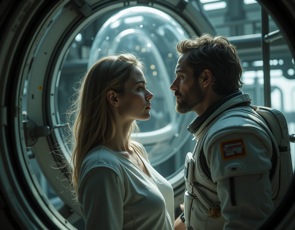 Captain Kirk William Shatner of the Star Trek enterprise ship affectionately kissing the beautiful 60s actress Sharon Tate in the cabin of the spaceship that overlooks the Milky Way through a fully glazed wall wearing white fluffy bathrobes