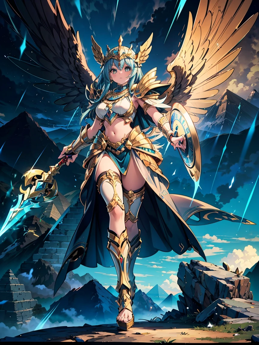 A beautiful young woman with a determined look posing with her intimidating powers on display, long flowing blonde and purple hair adorned with a intricatly detailed headpiece, wearing a battle tunic made of leather with flowing ribbons and chains laced with intricate details and gems. guild wars. (Large breasts), a battle mage wielding fire and ice powers, floating in the air in a epic battle amidst a realistic crumbling city caught in an apocalyptic event. Winged demons attack appearing through portals. Masterpiece, ((highly detailed)), 4k. Epic and dynamic lighting with deep shadows and highlights from magical powers.