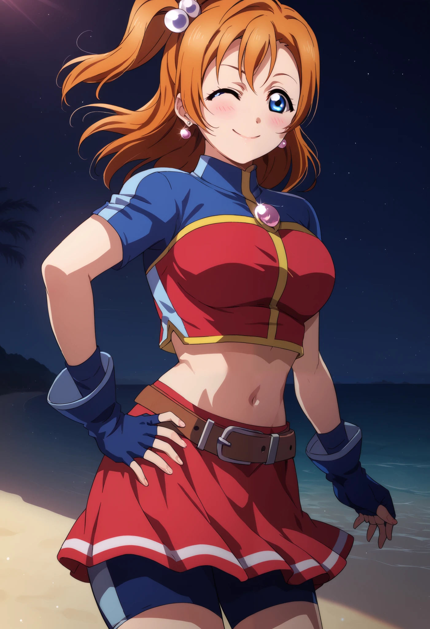 anime style, love live,kousaka honoka , love live, blue eyes, orange hair,earrings, (blushing:1.2) , standing, blue sleeves, pearl (gemstone), short sleeves, red top, belt, fingerless gloves, navel, red skirt, biker shorts, slightly smile,beach, night, dynamic lighting, detailed shading,solo,1girl, dynamic angel of view, medium hair,wink,big breasts, one hand on hip,young