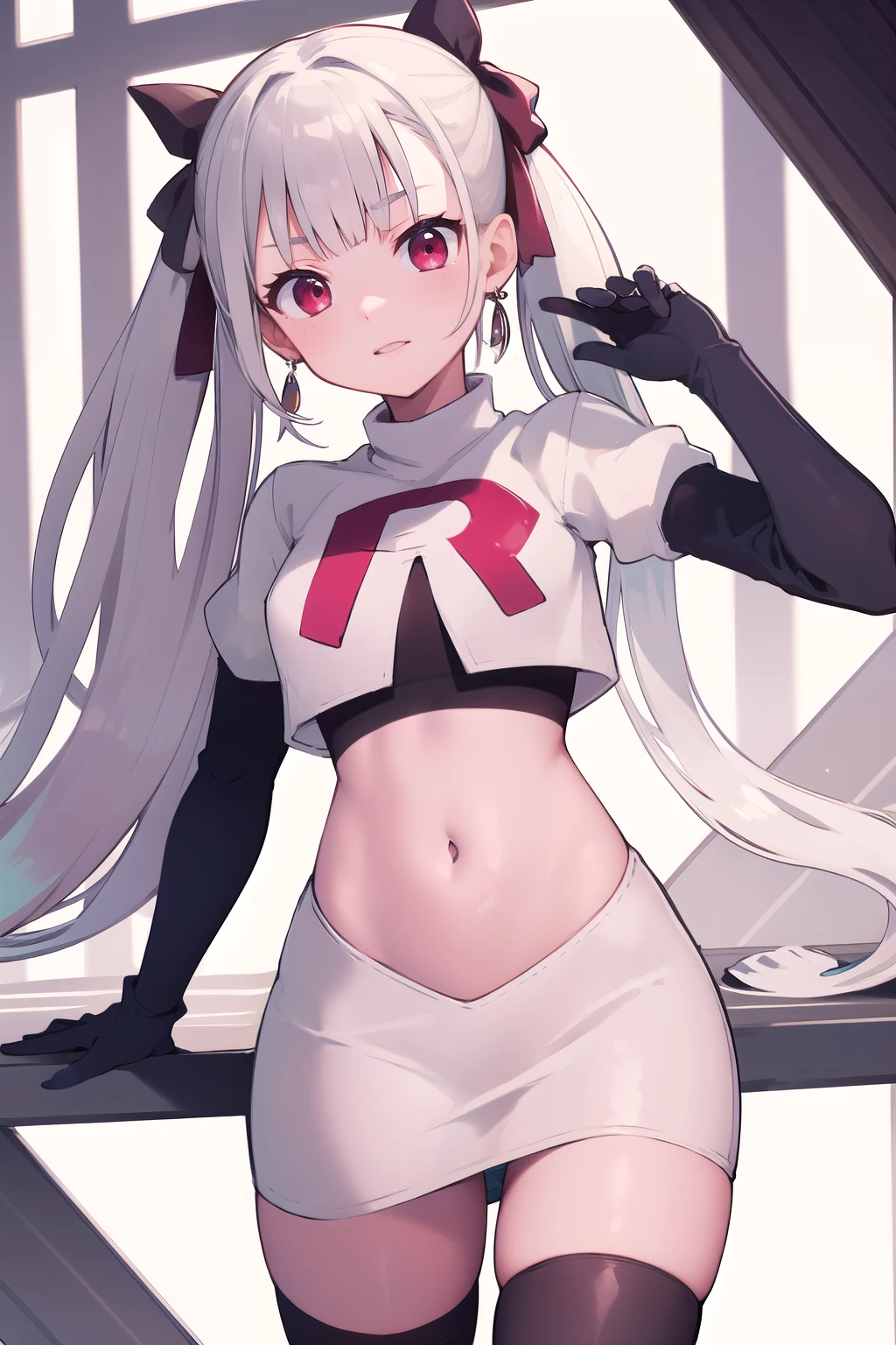 masterpiece, best quality, highres, hmnab, multicolored hair, hair bow, twintails, earrings, cowboy shot, team rocket,team rocket uniform,white skirt,red letter R,crop top,black thigh-highs,black elbow gloves